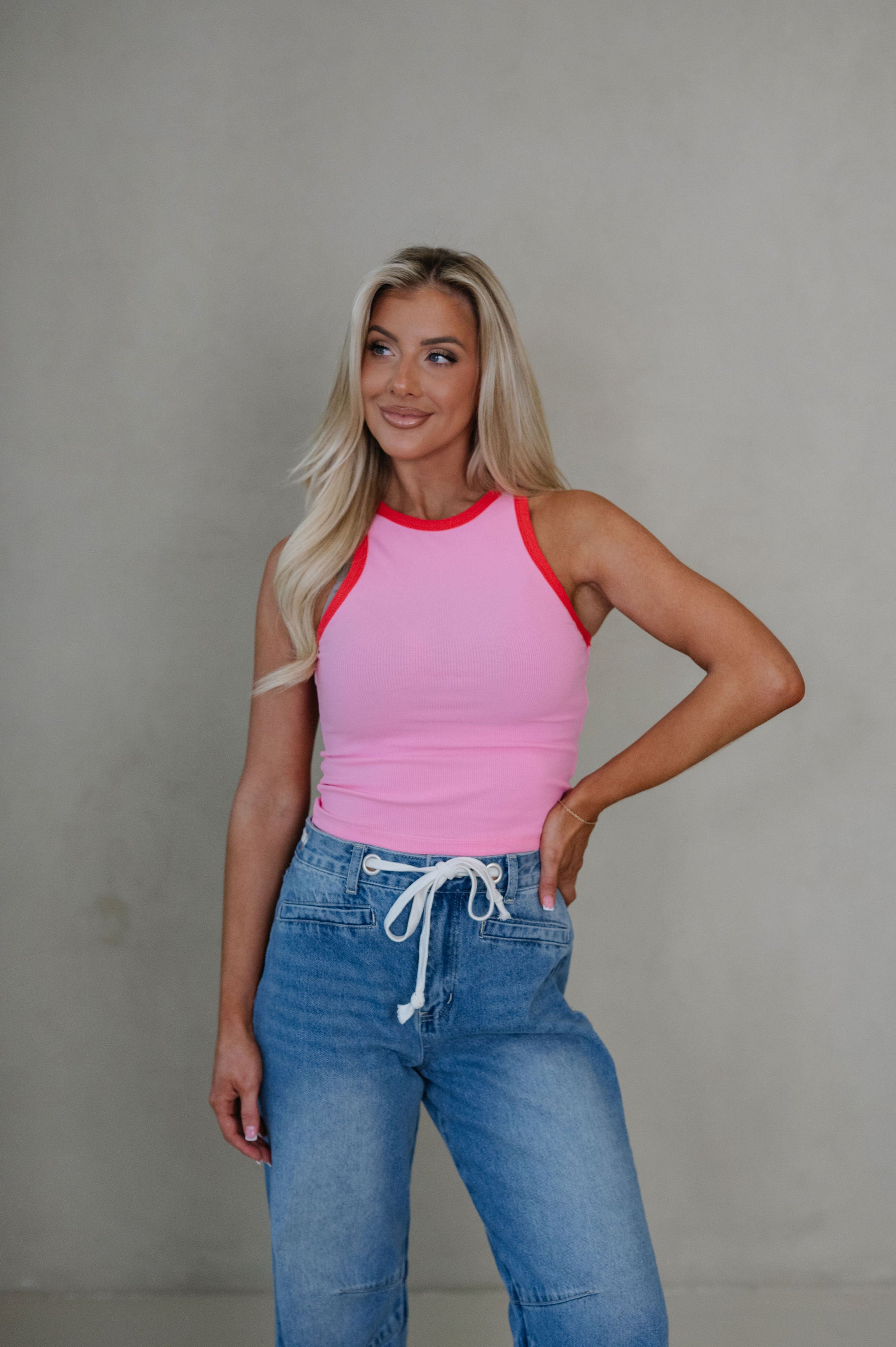 Hana Contrast Trim Tank Top-Bubble Pink/Red