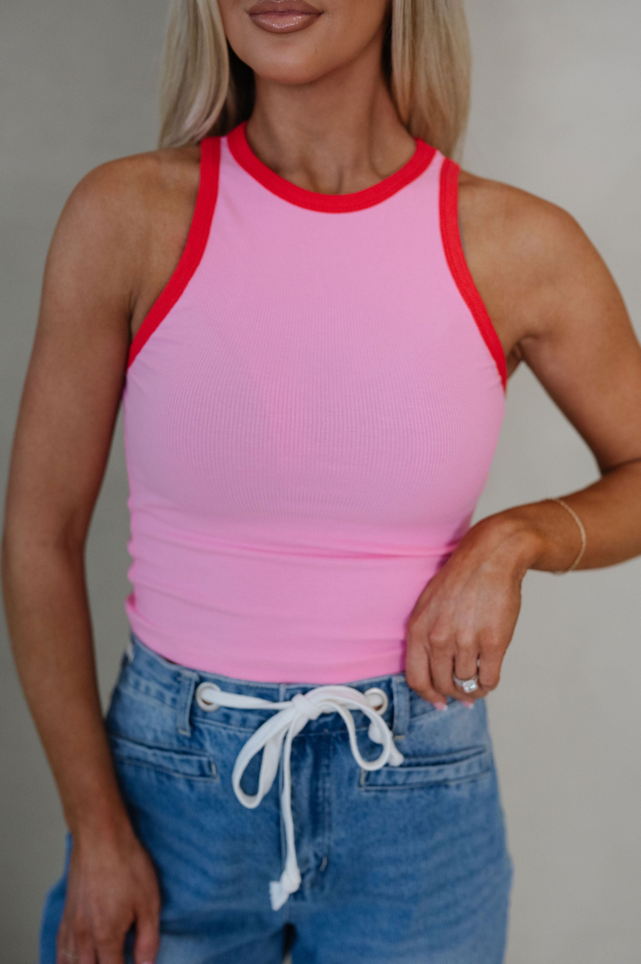 Hana Contrast Trim Tank Top-Bubble Pink/Red