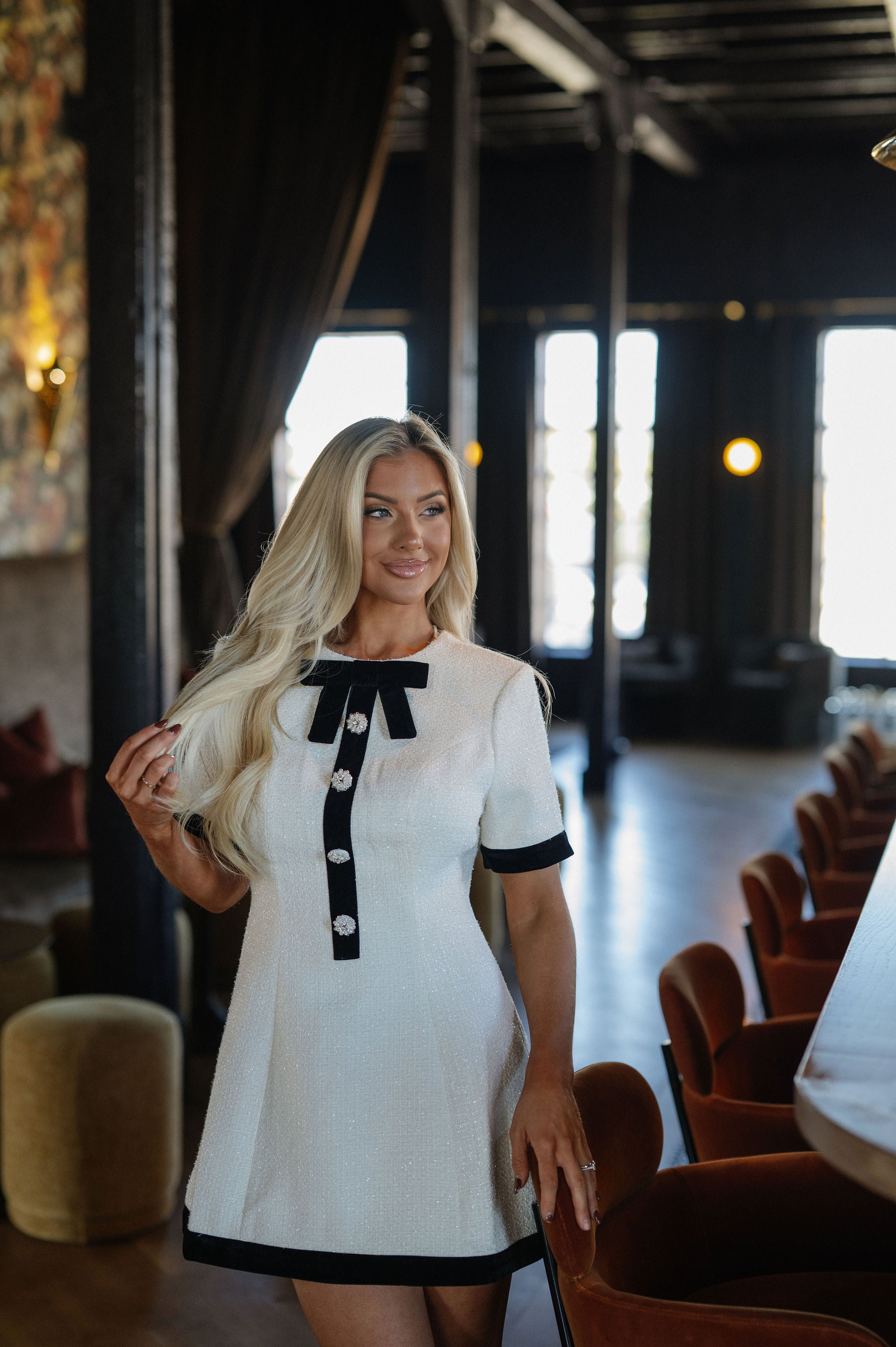 Tweed Bow Mini Dress-Cream