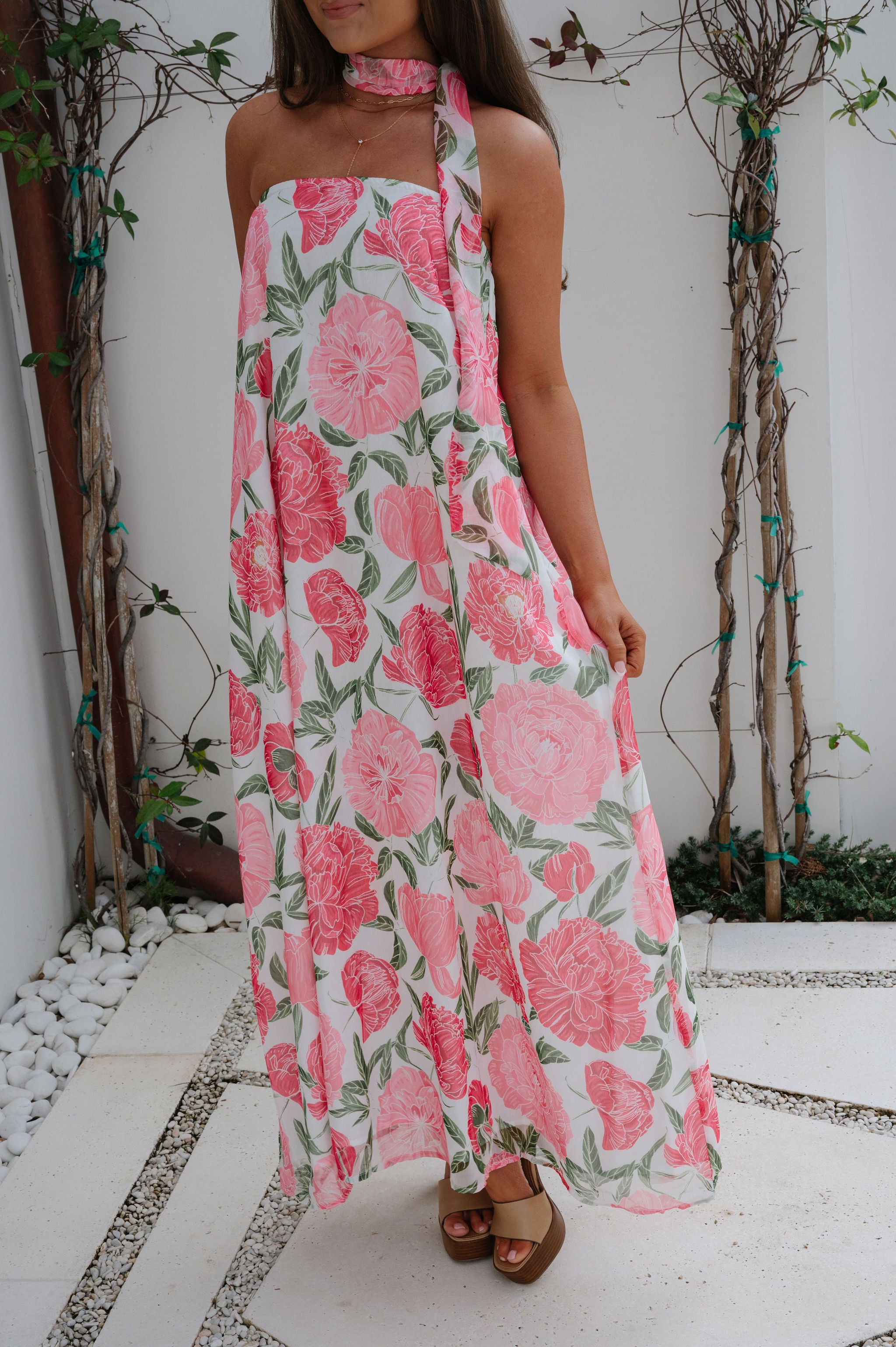 Sylvie Floral Scarf Maxi Dress-Pink