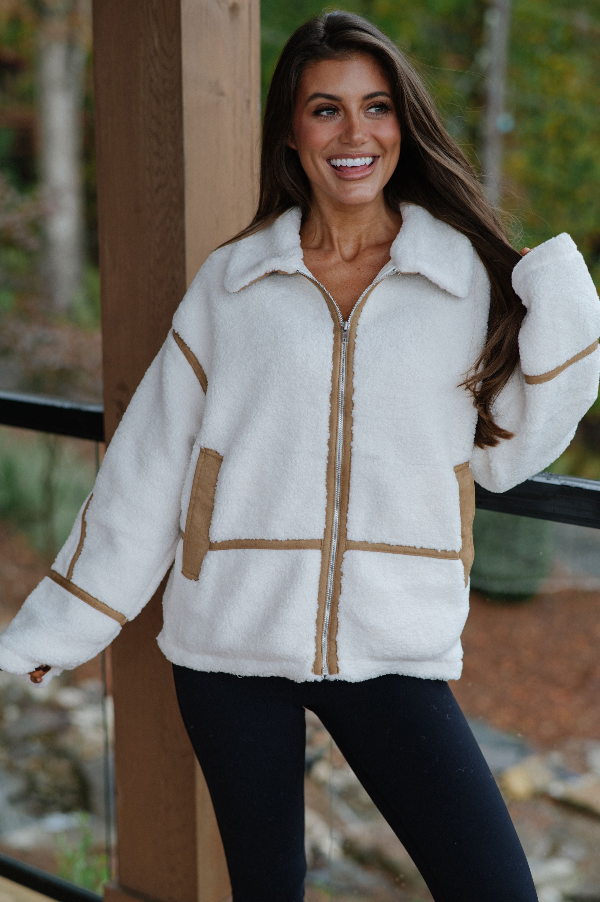 Lapel Collar Jacket -Ivory/Light Brown