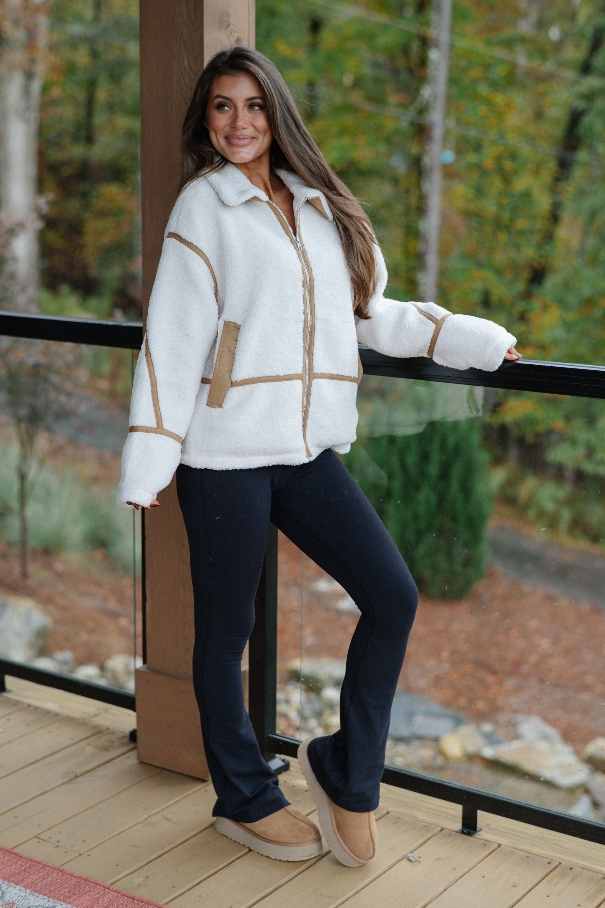 Lapel Collar Jacket -Ivory/Light Brown