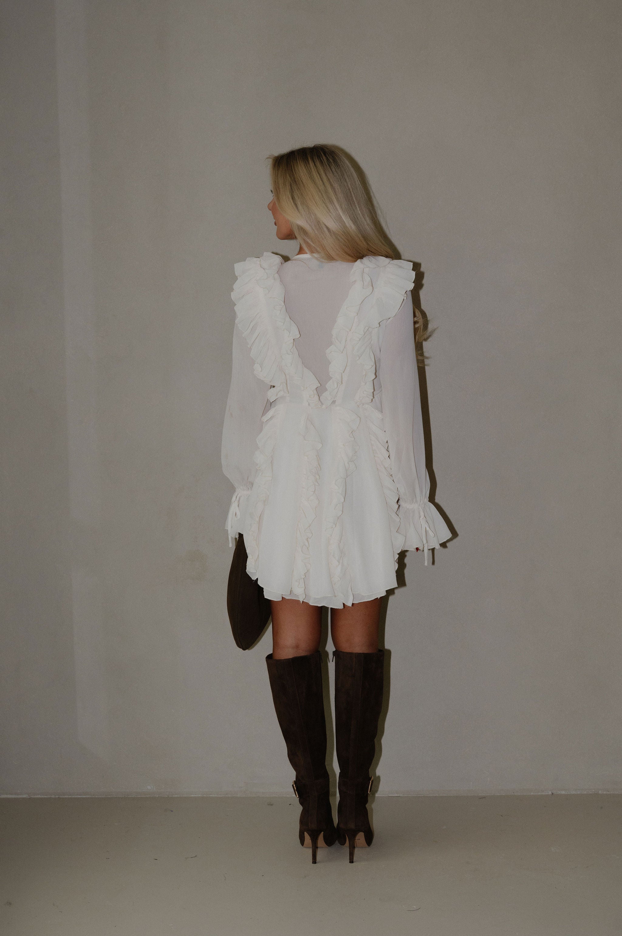 Chiffon Ruffled Mini Dress-Egg Shell