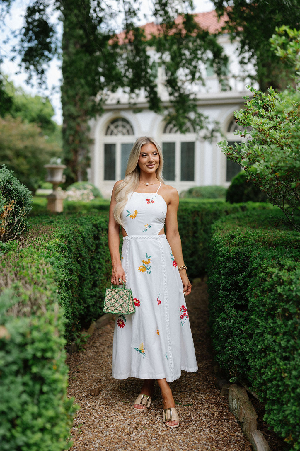 Embroidered Open Back Midi Dress-Off White