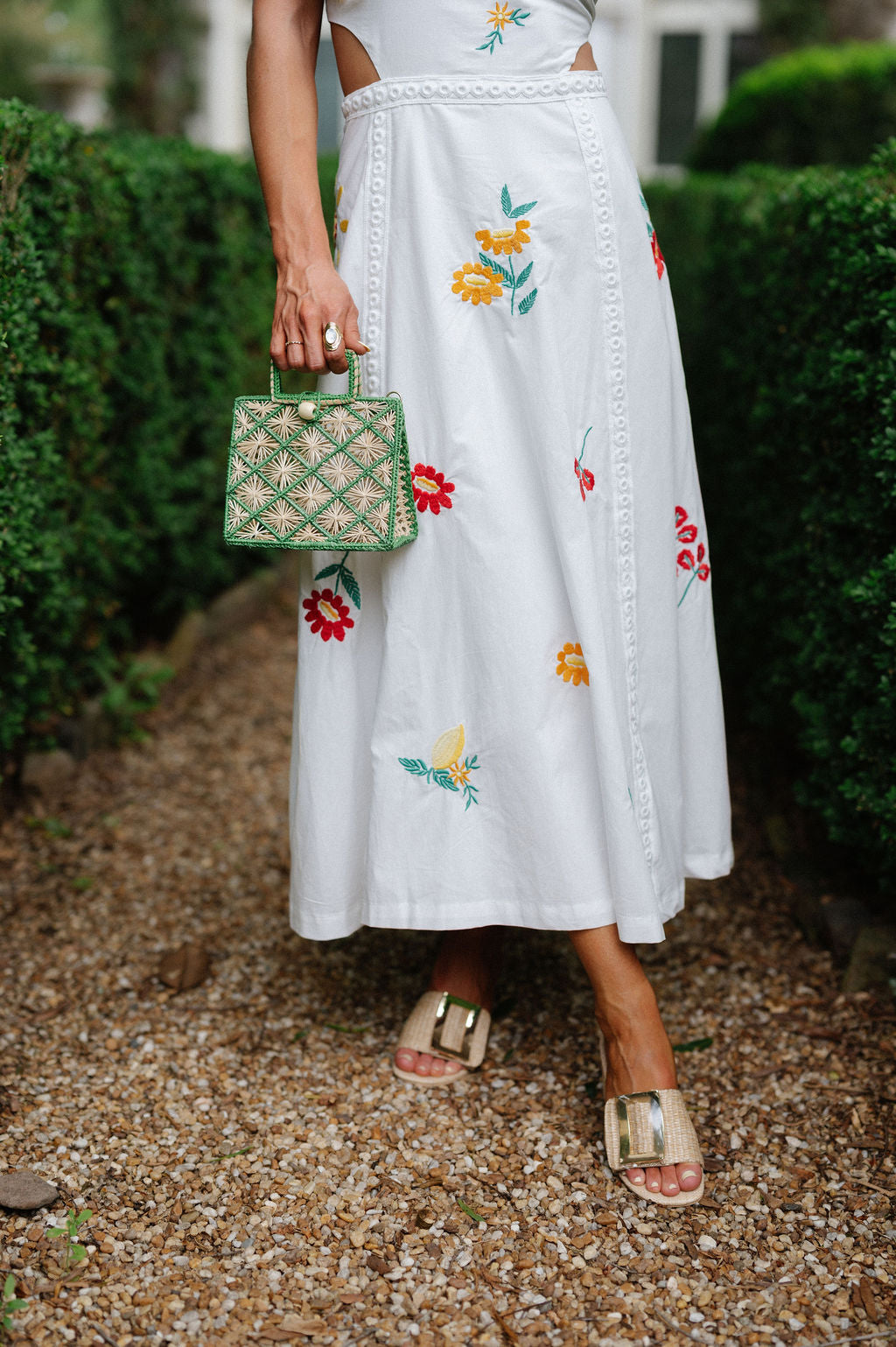 Embroidered Open Back Midi Dress-Off White