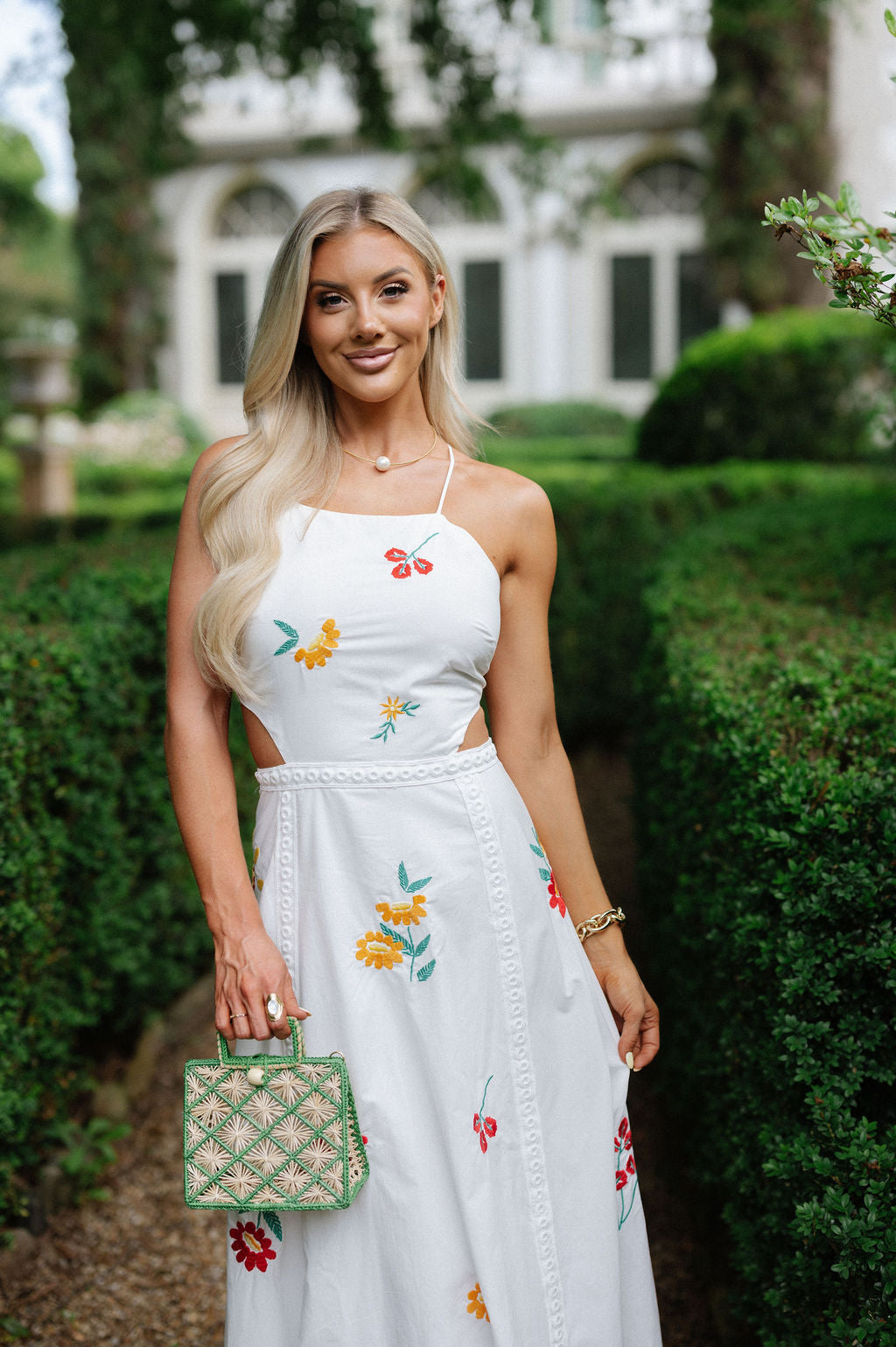 Embroidered Open Back Midi Dress-Off White