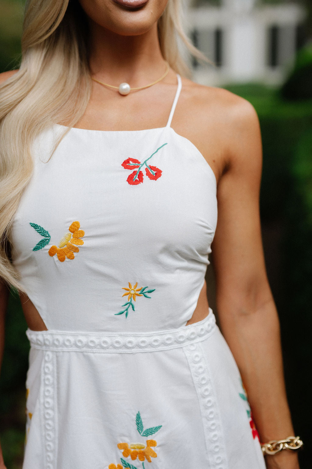 Embroidered Open Back Midi Dress-Off White
