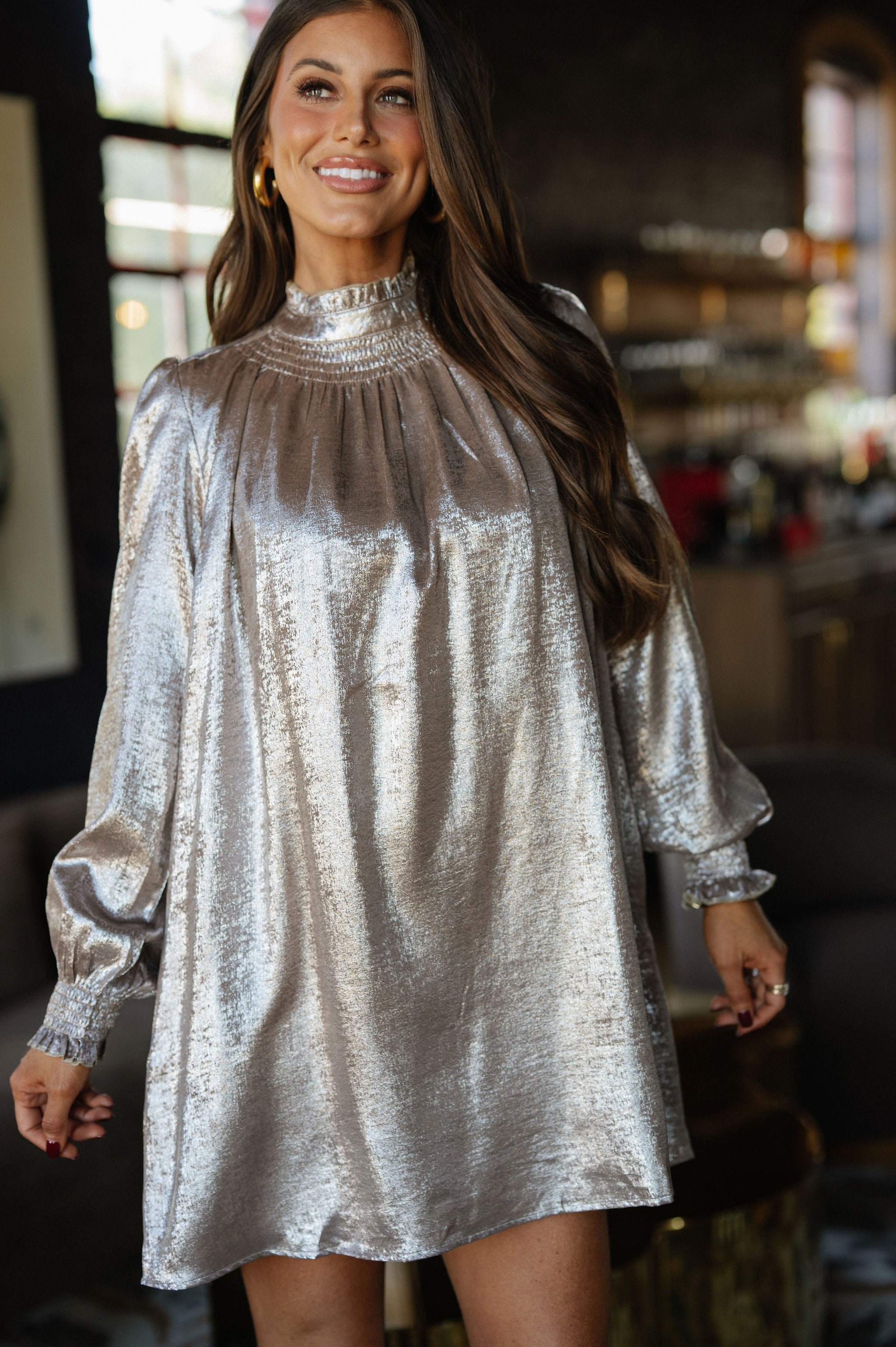 Metallic Mini Dress-Shine Taupe