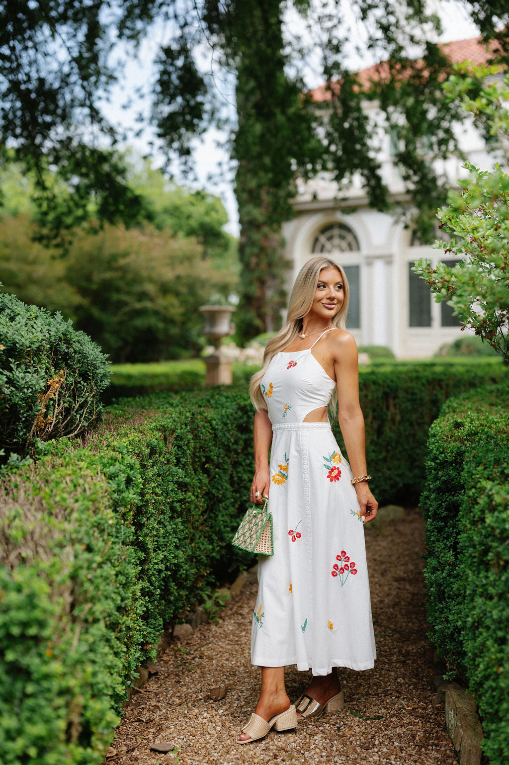 Embroidered Open Back Midi Dress-Off White