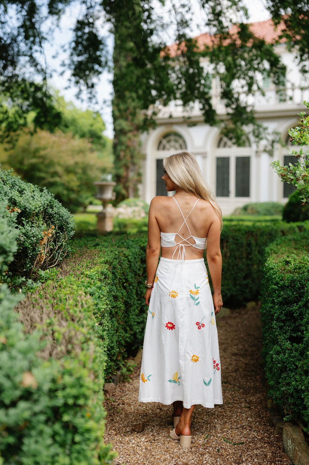 Embroidered Open Back Midi Dress-Off White