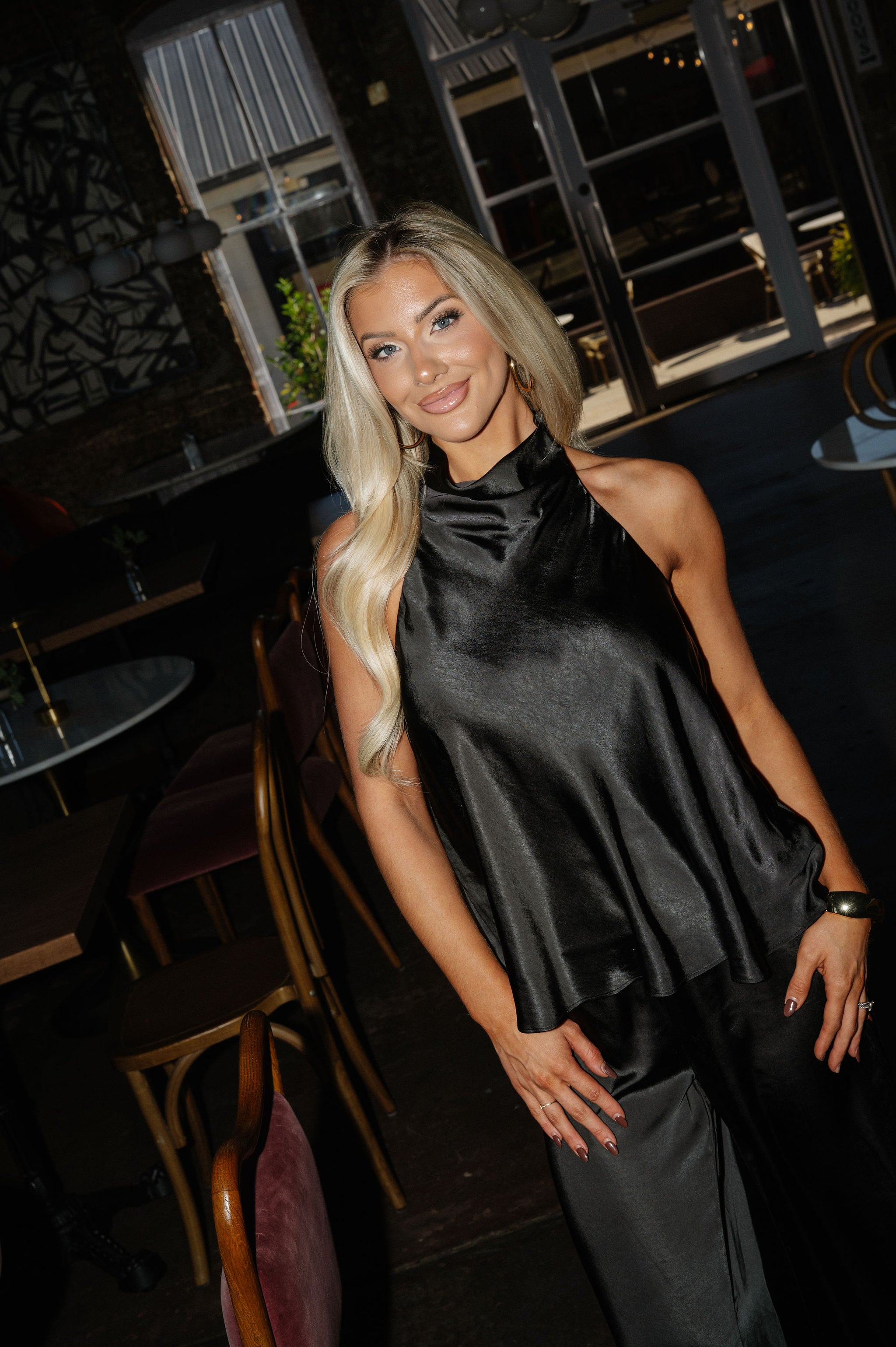 Satin Halter Neck Top-Black