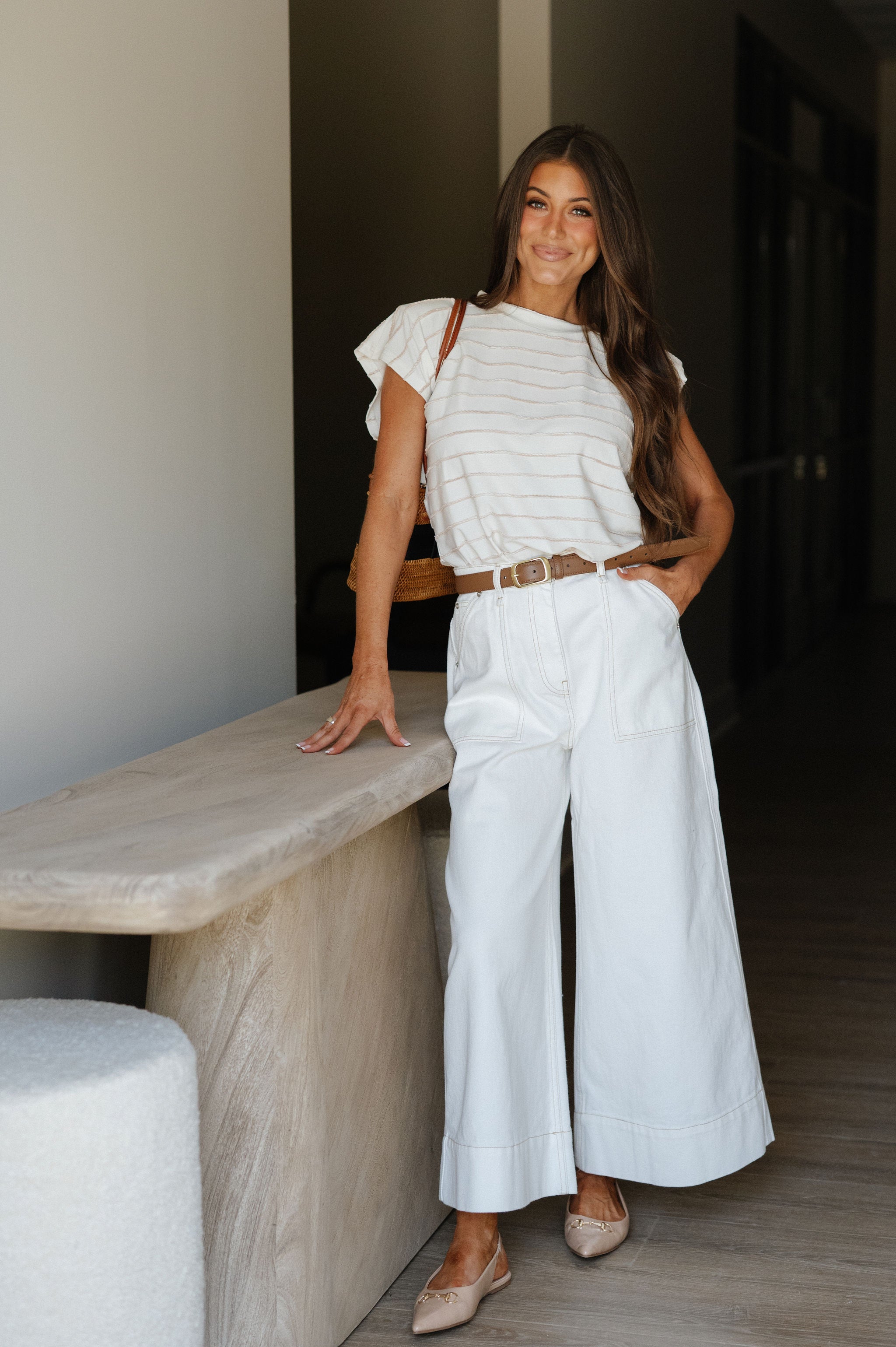 Stitch Detail Wide Leg Pant-Ecru