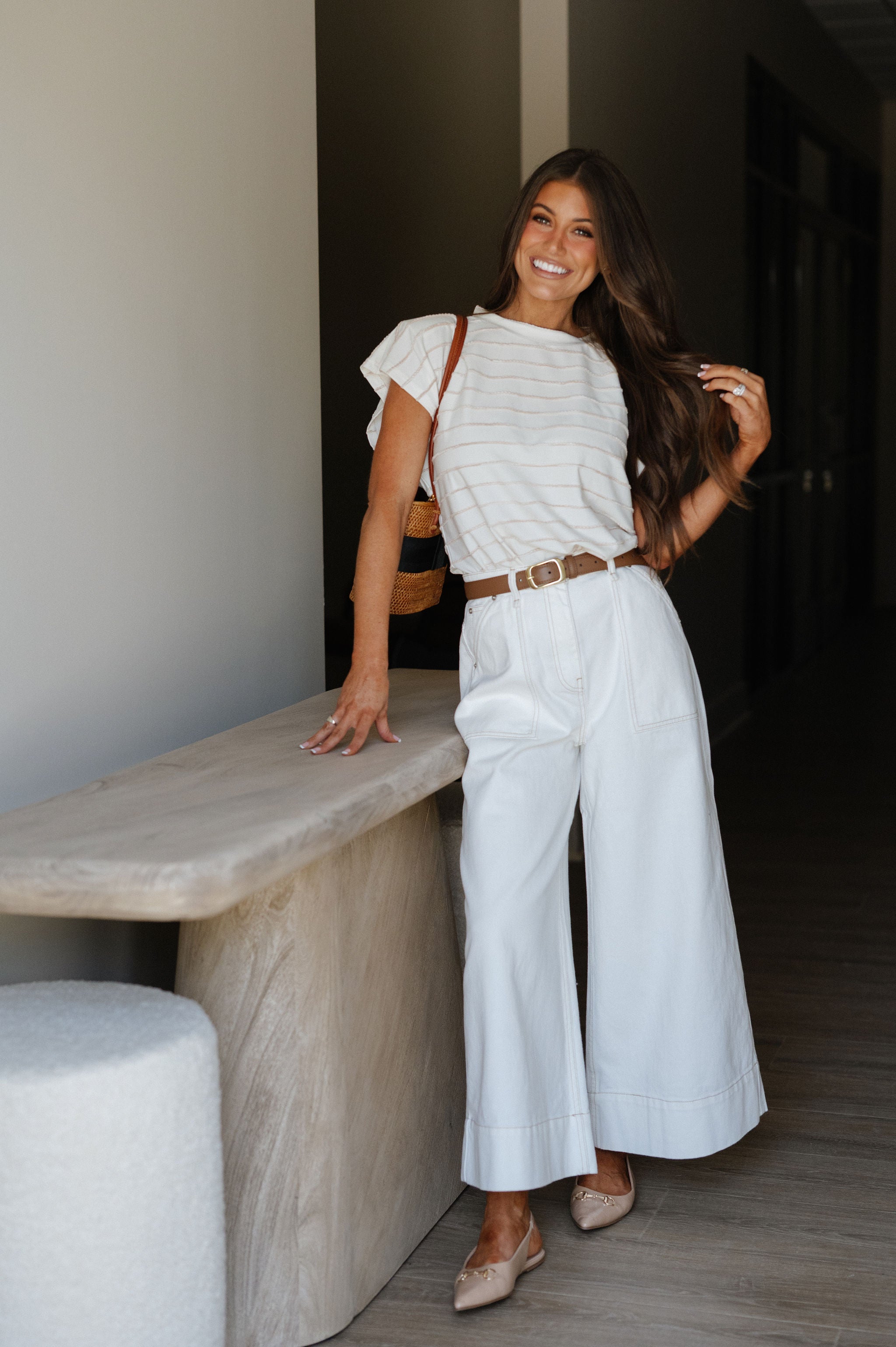 Stitch Detail Wide Leg Pant-Ecru