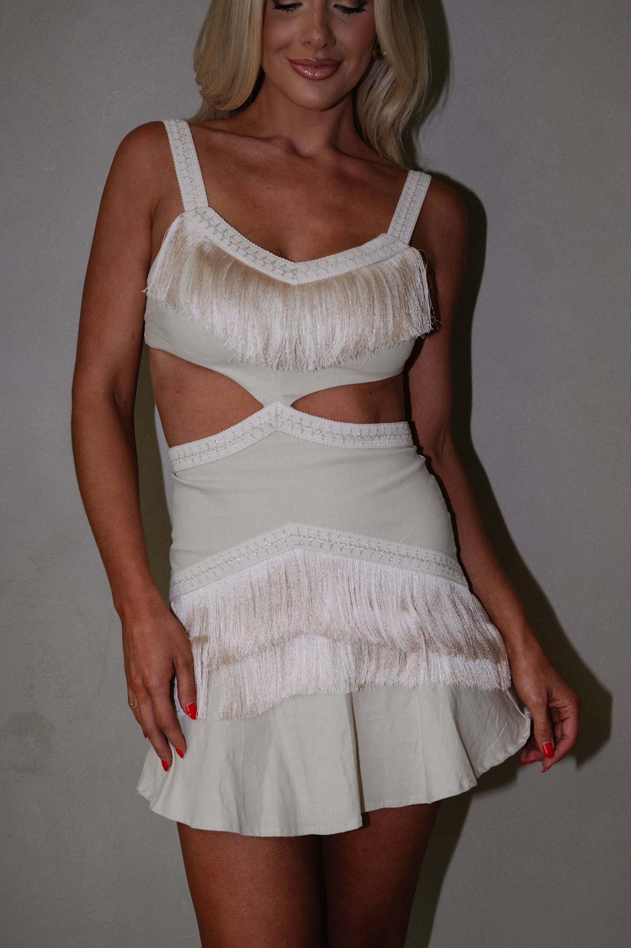 Fringe Cut Out Mini Dress-Ivory