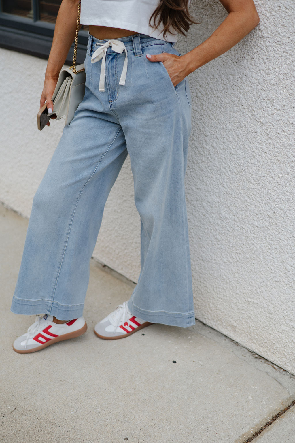 Washed Front Tie Pants-Denim