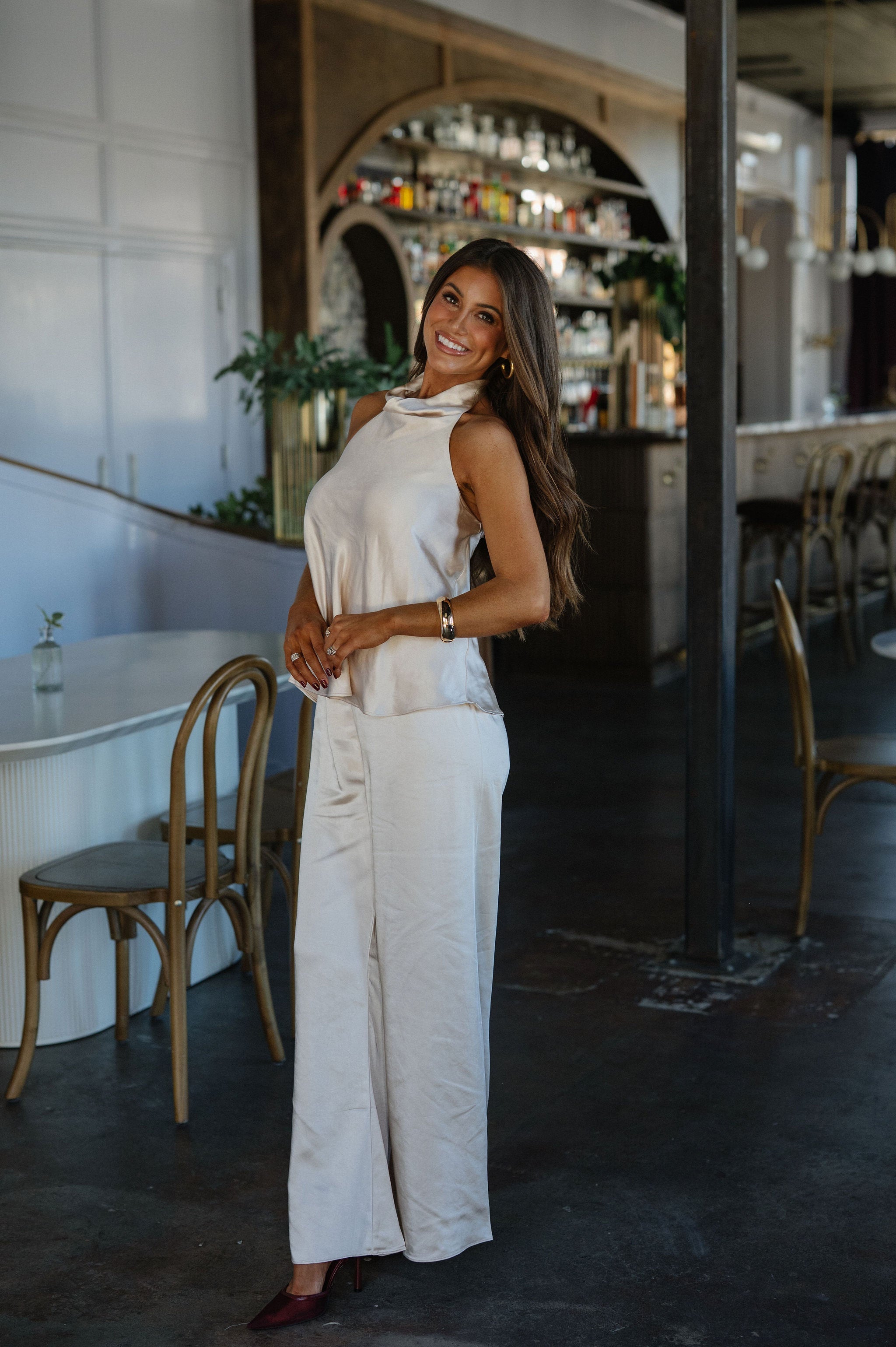 Satin Halter Neck Top-Champagne