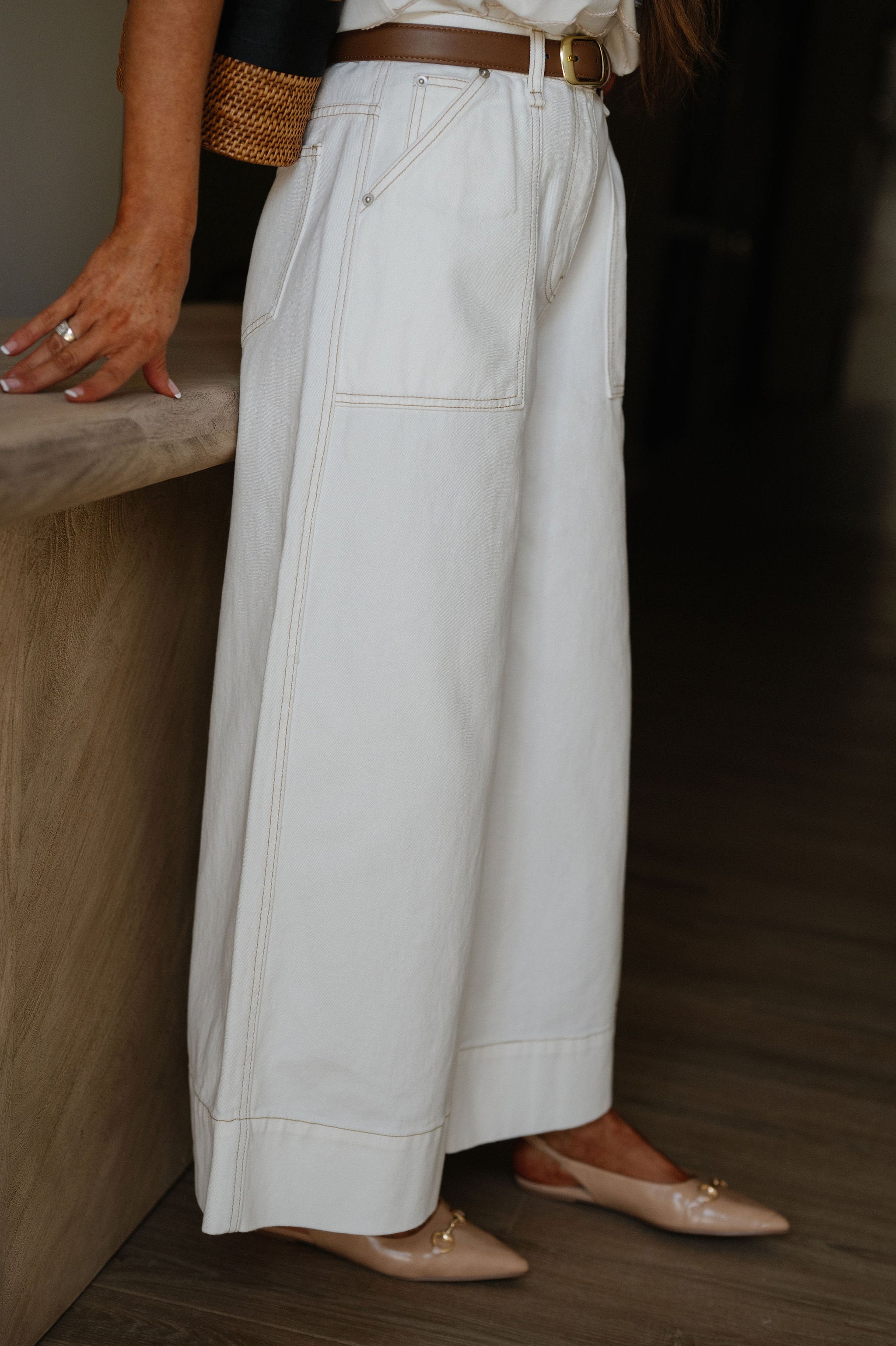 Stitch Detail Wide Leg Pant-Ecru