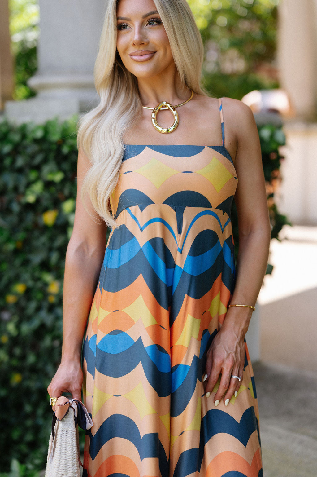 Retro Mix Midi Dress-Orange/Blue