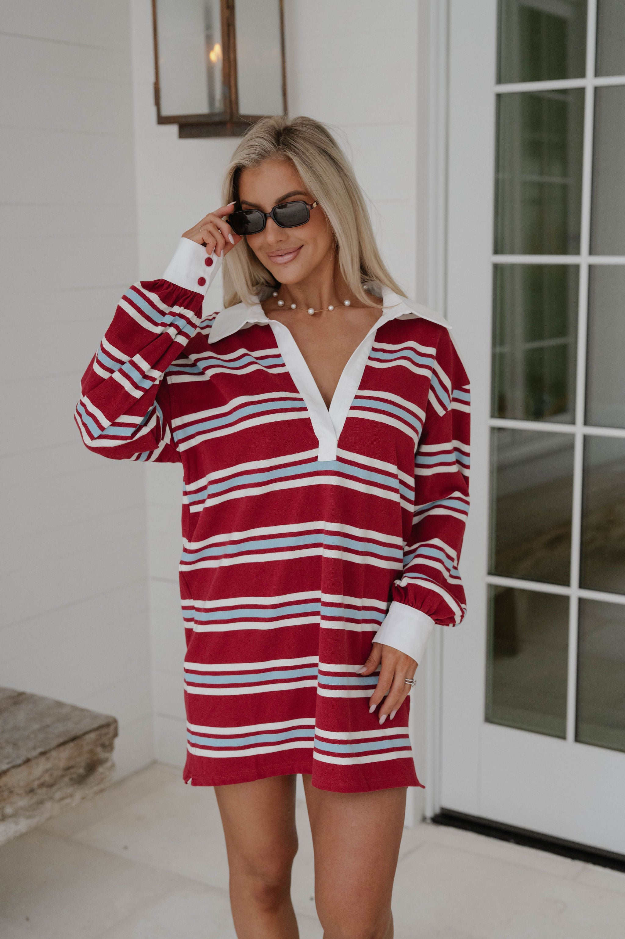 Collared Striped Varsity Dress-Burgundy