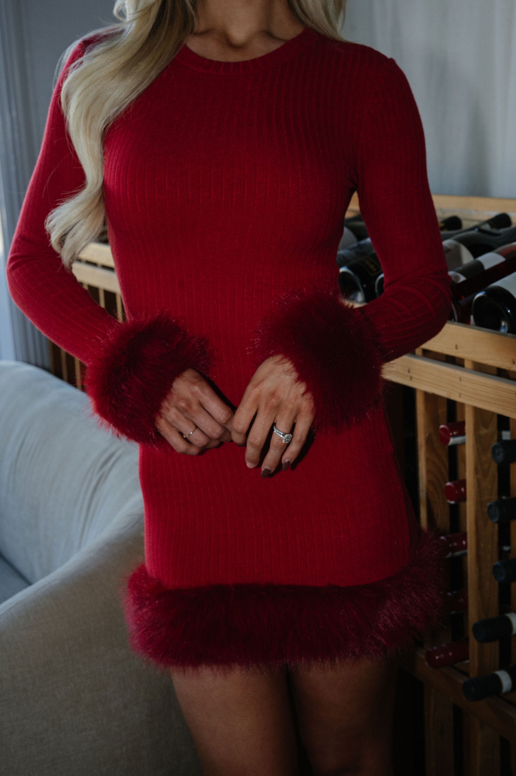 Faux Fur Trim Knit Dress-Red