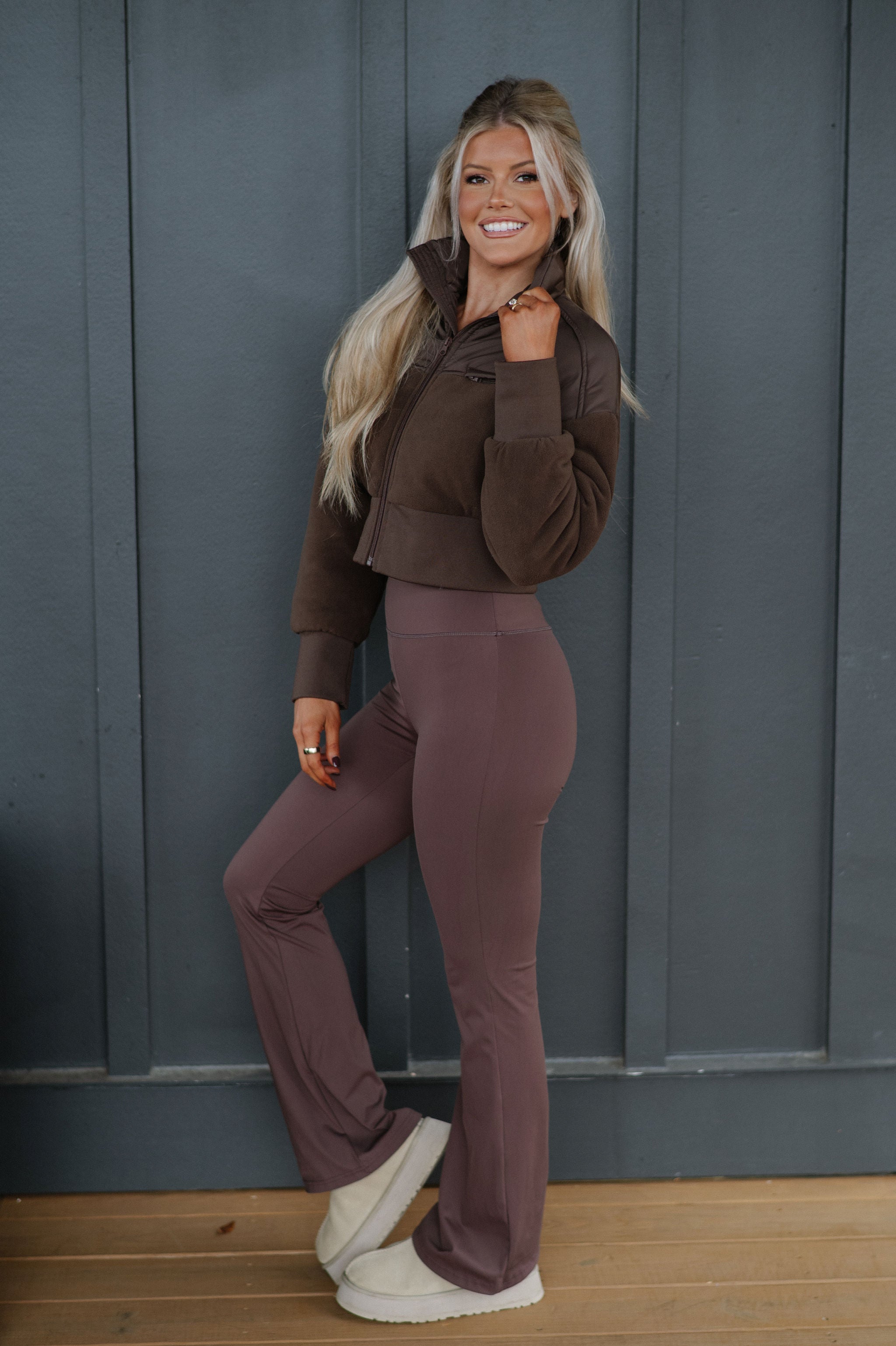 Fleece Cropped Jacket-Chocolate