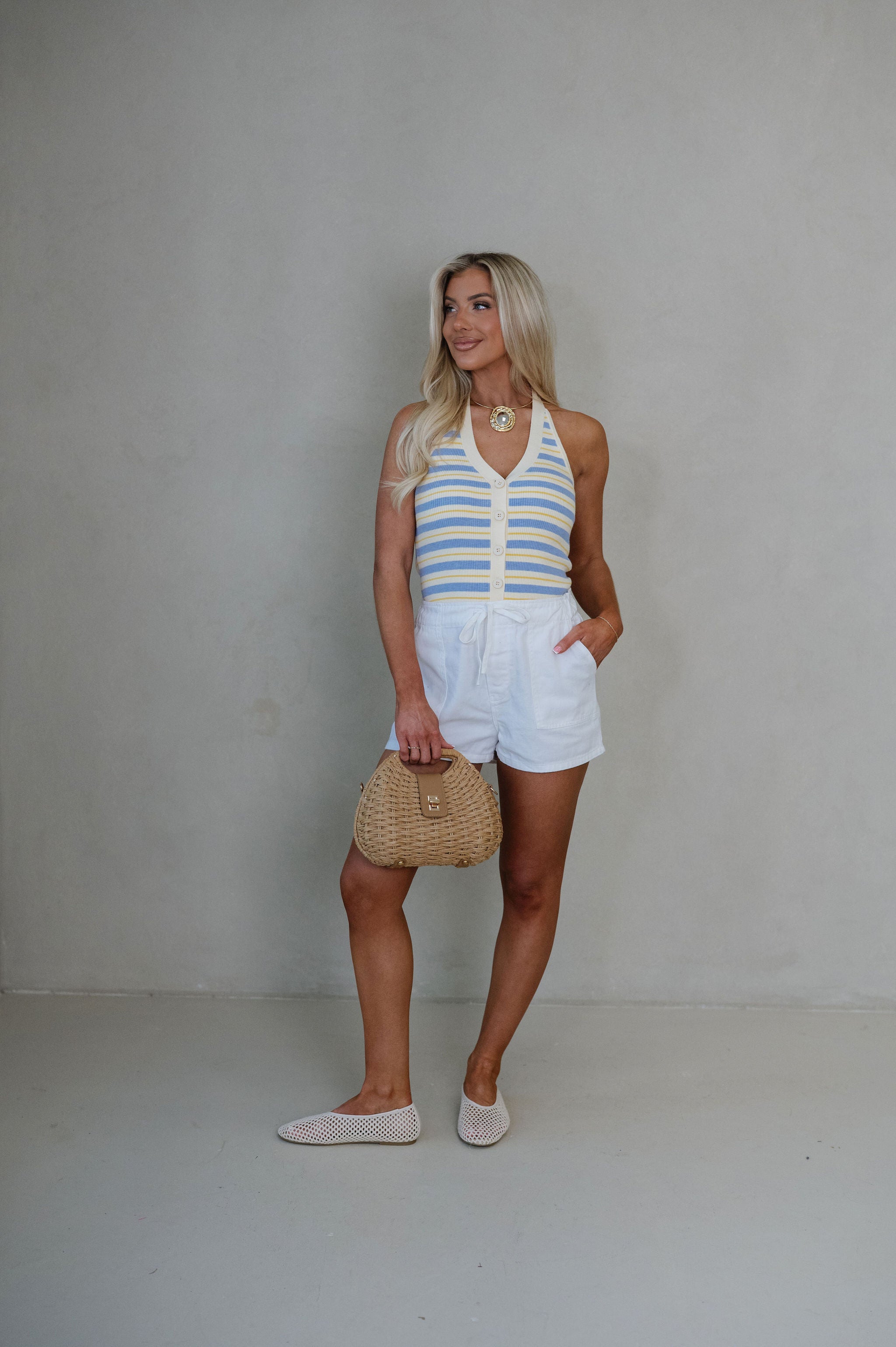 Mallory Striped Halter Knit Top-Cream/Light Blue