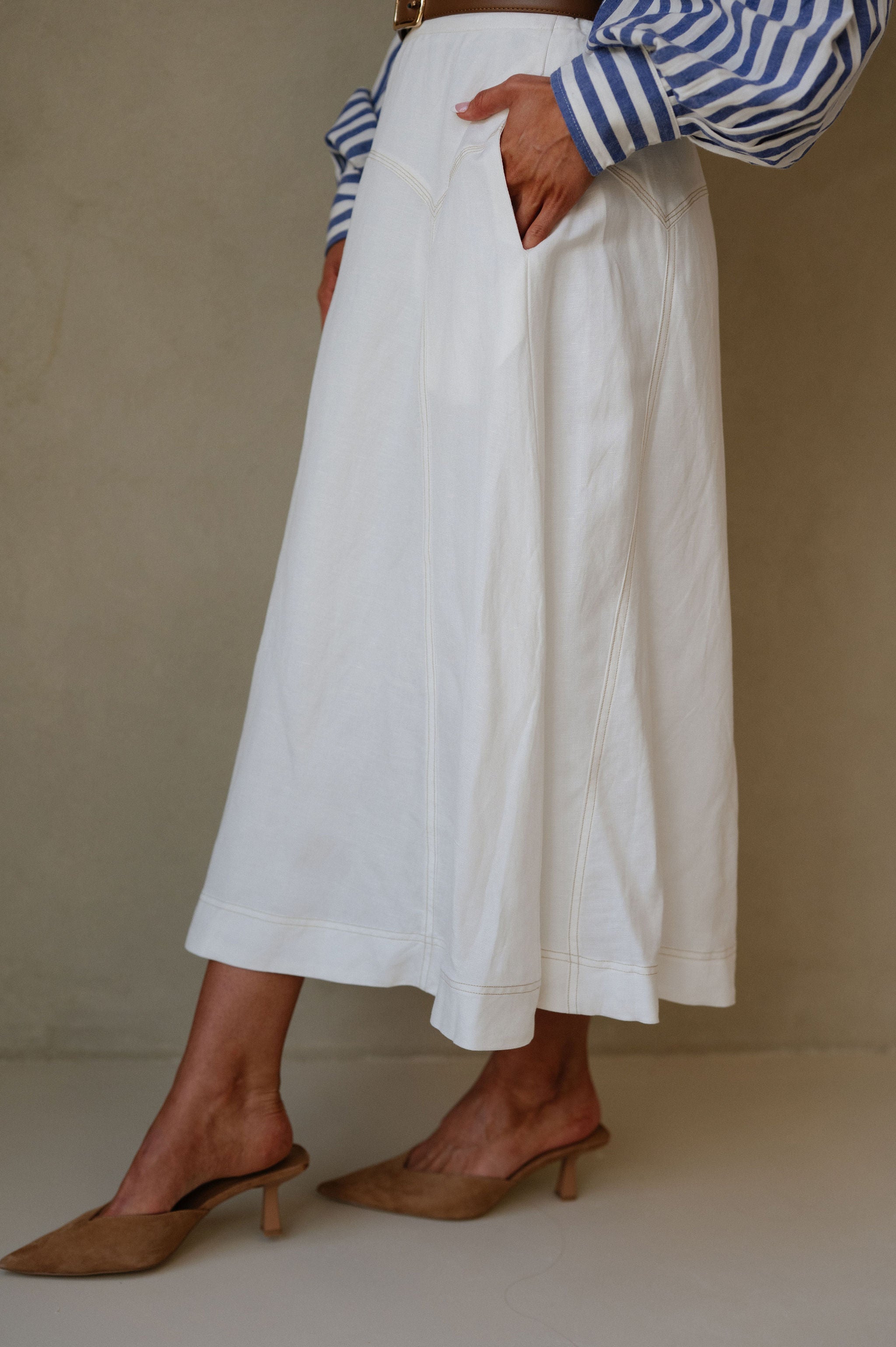 Stitch Accented Midi Skirt-Off White