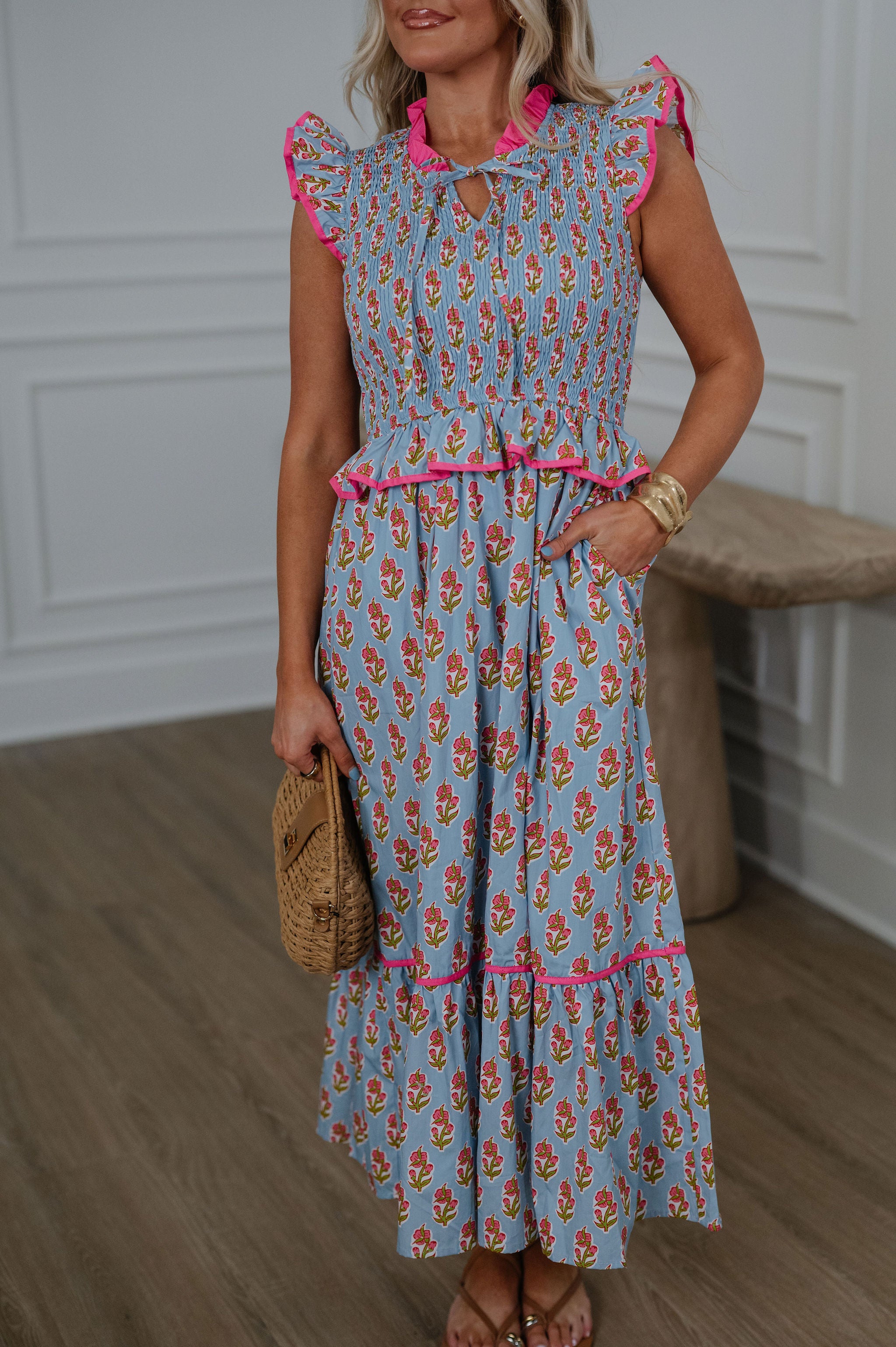 Floral Smocked Peplum Tiered Midi Dress-Blue