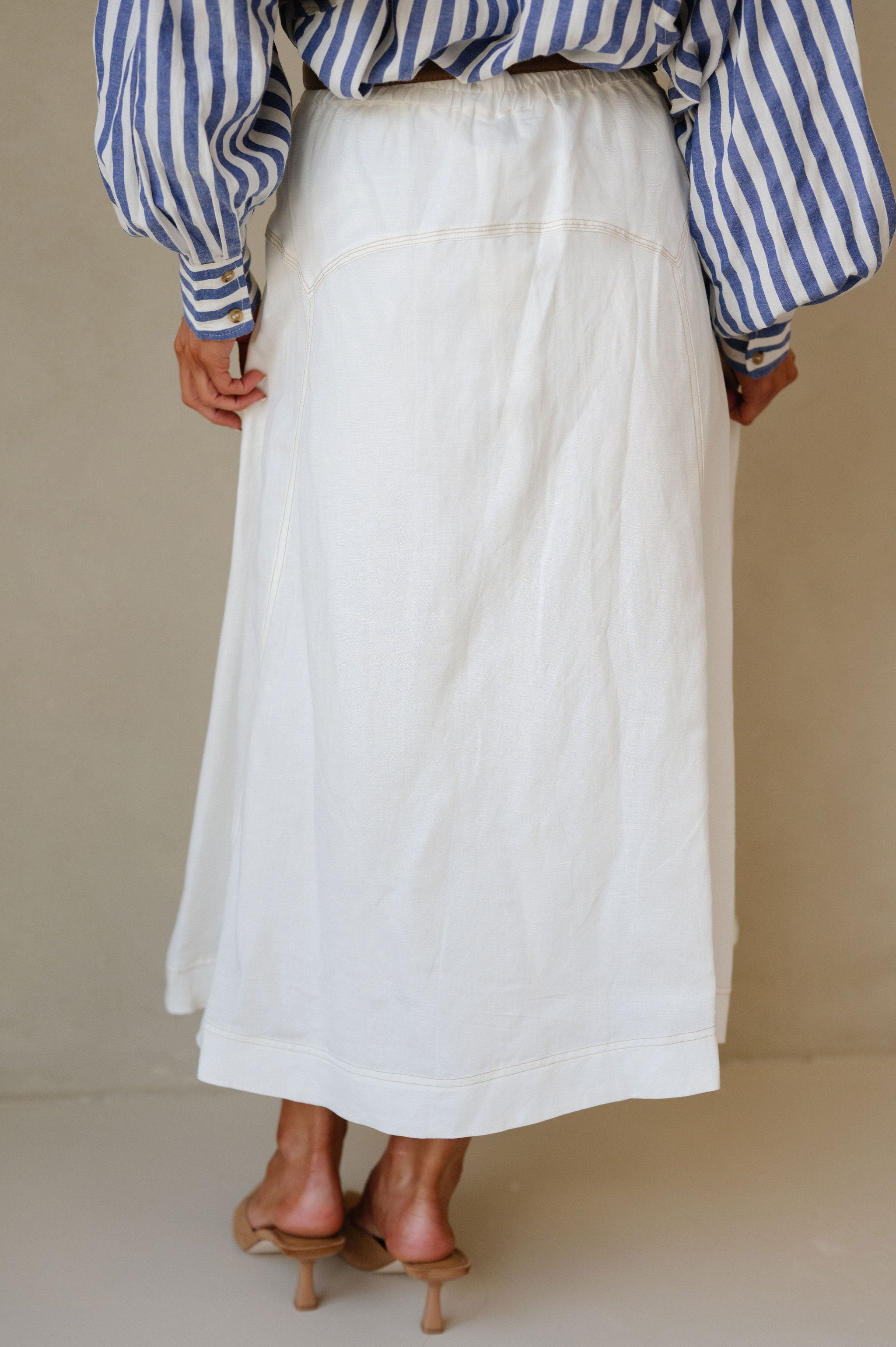 Stitch Accented Midi Skirt-Off White