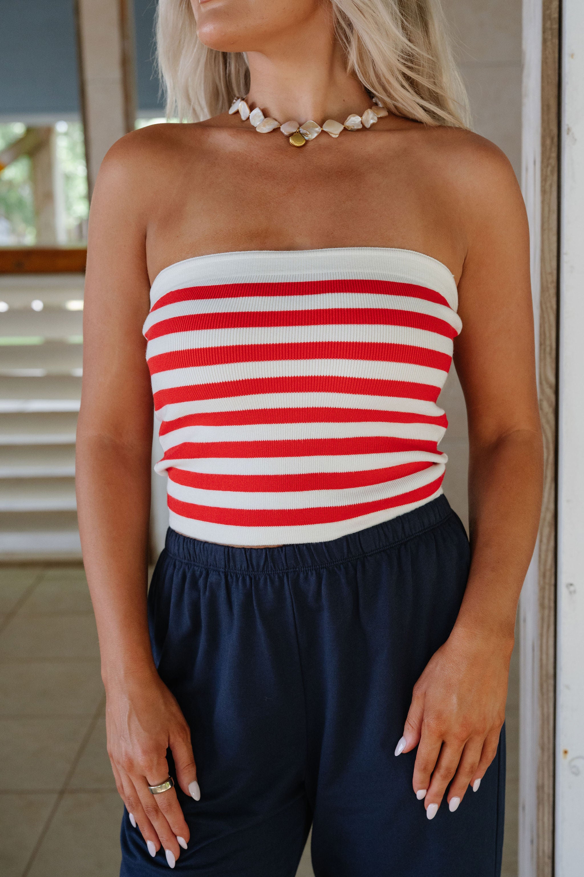 Electric Striped Tube Top- Red/Ivory