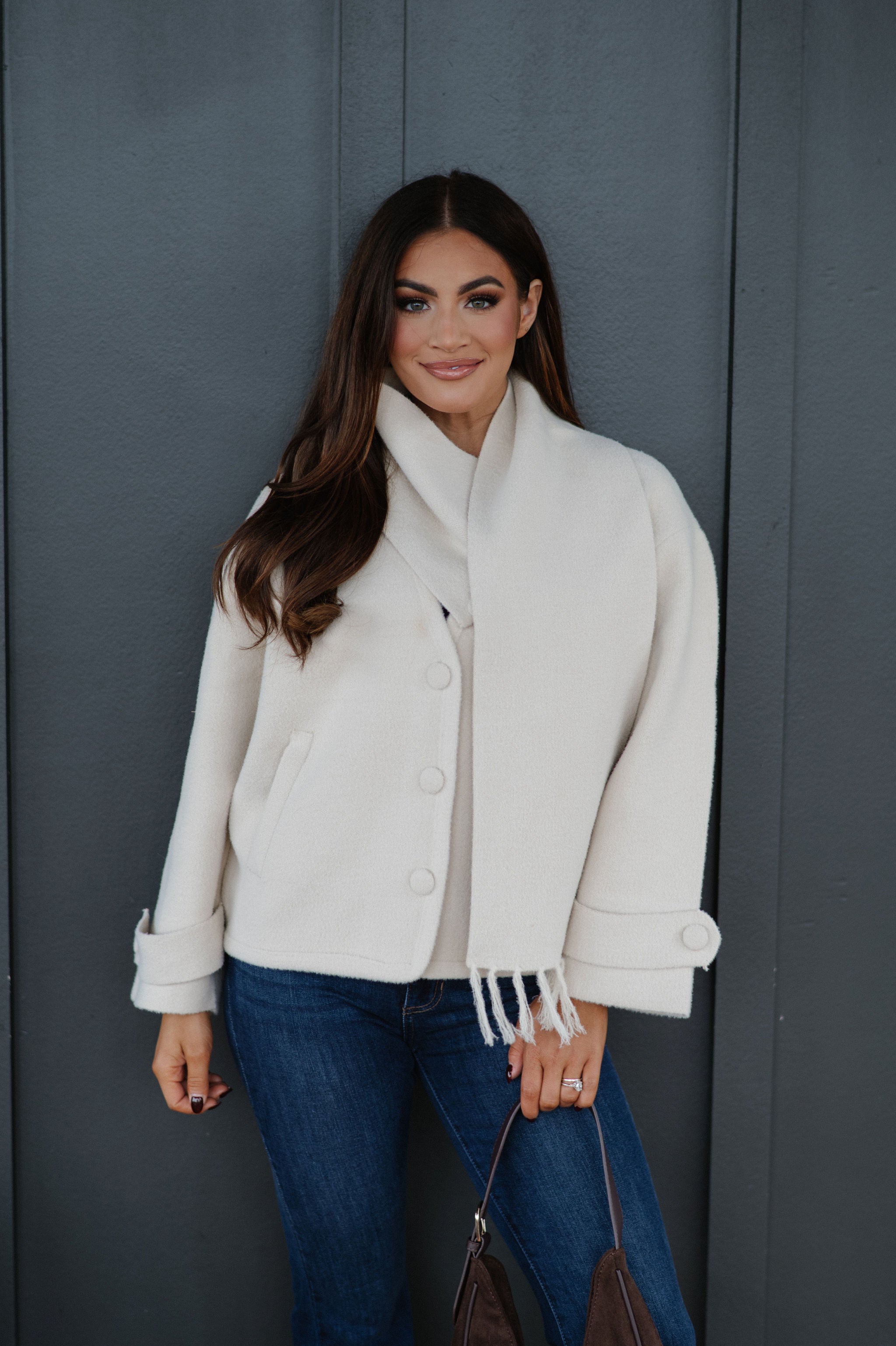 Scarf V-Neck Double Sided Jacket-Beige