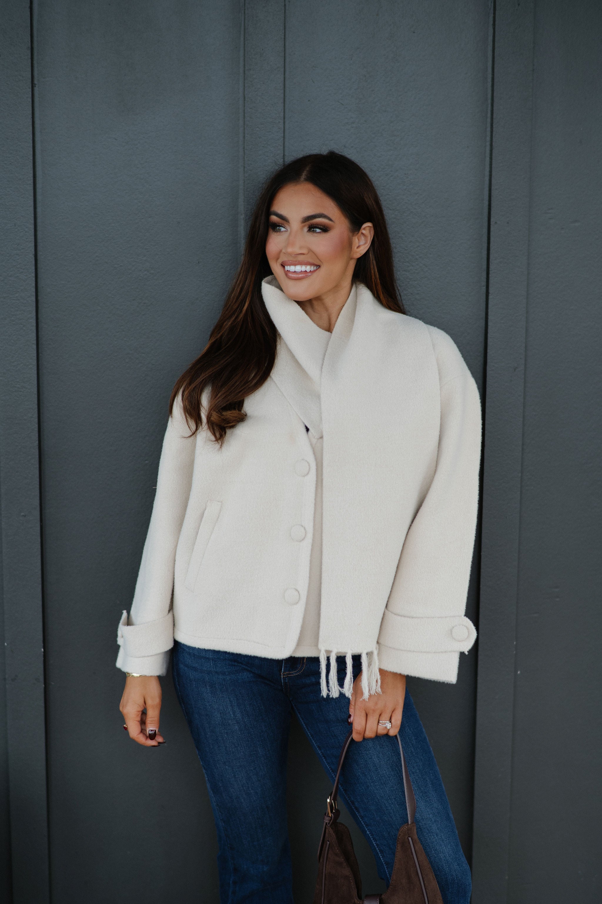 Scarf V-Neck Double Sided Jacket-Beige