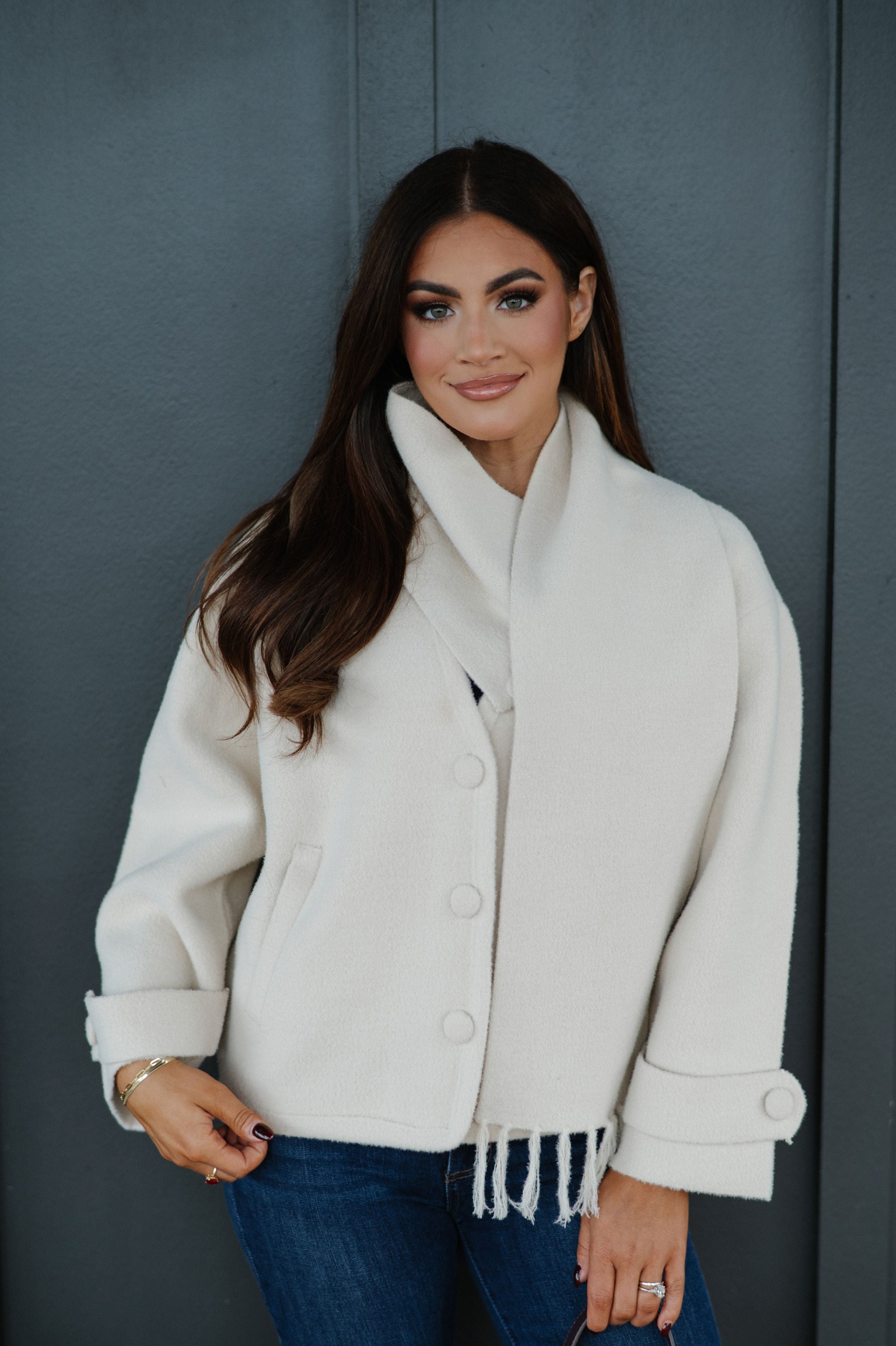 Scarf V-Neck Double Sided Jacket-Beige