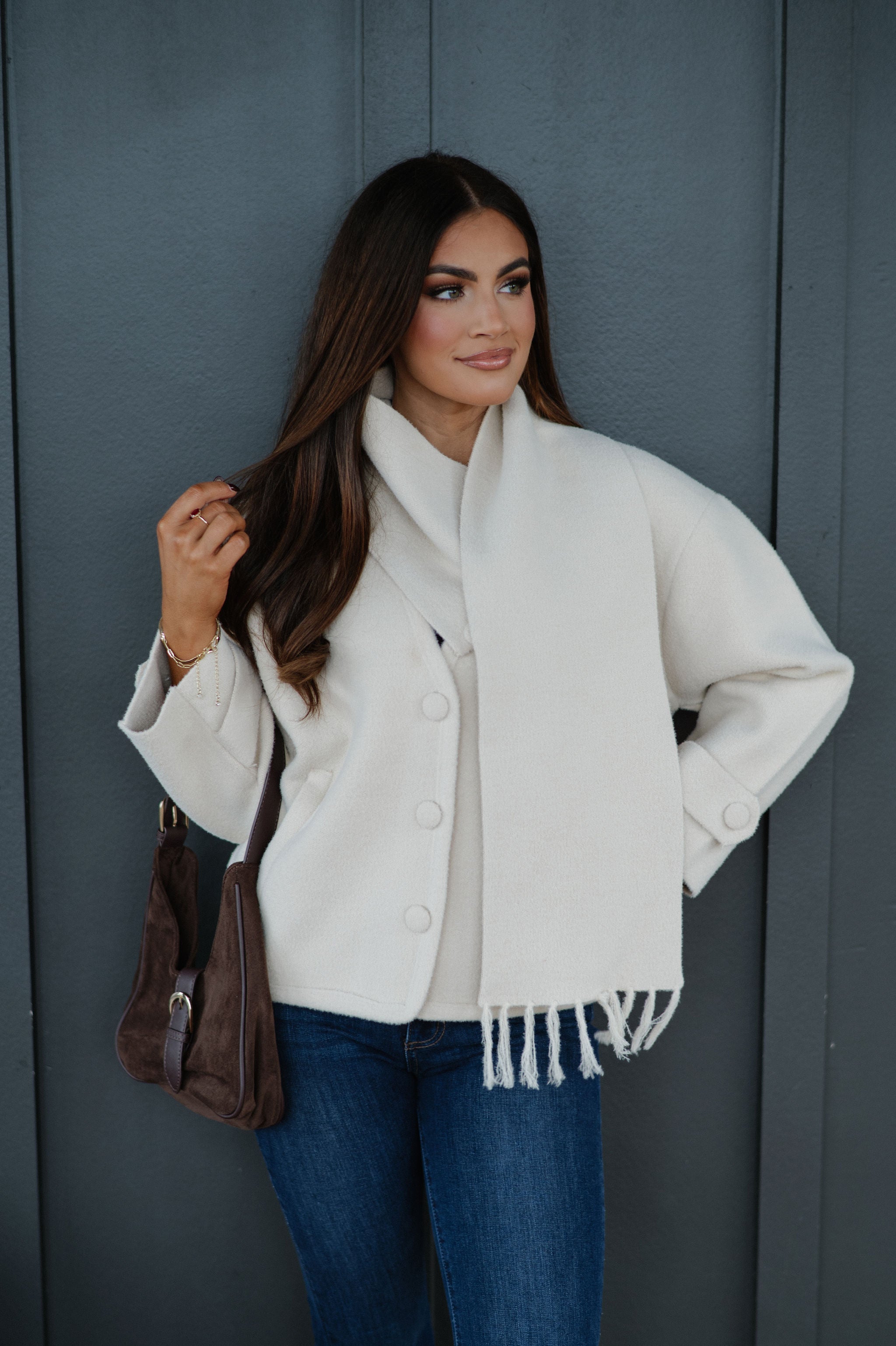 Scarf V-Neck Double Sided Jacket-Beige