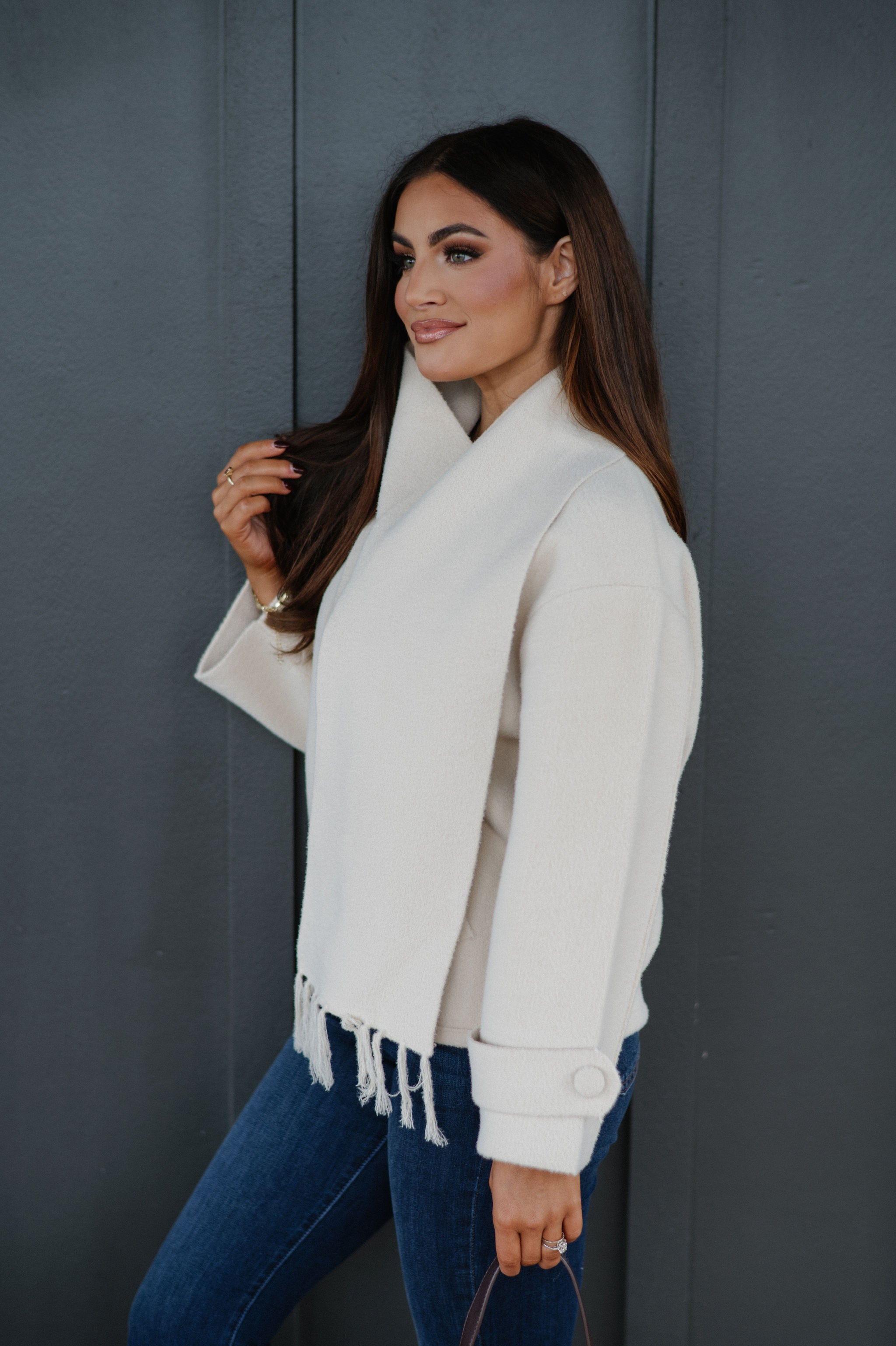 Scarf V-Neck Double Sided Jacket-Beige