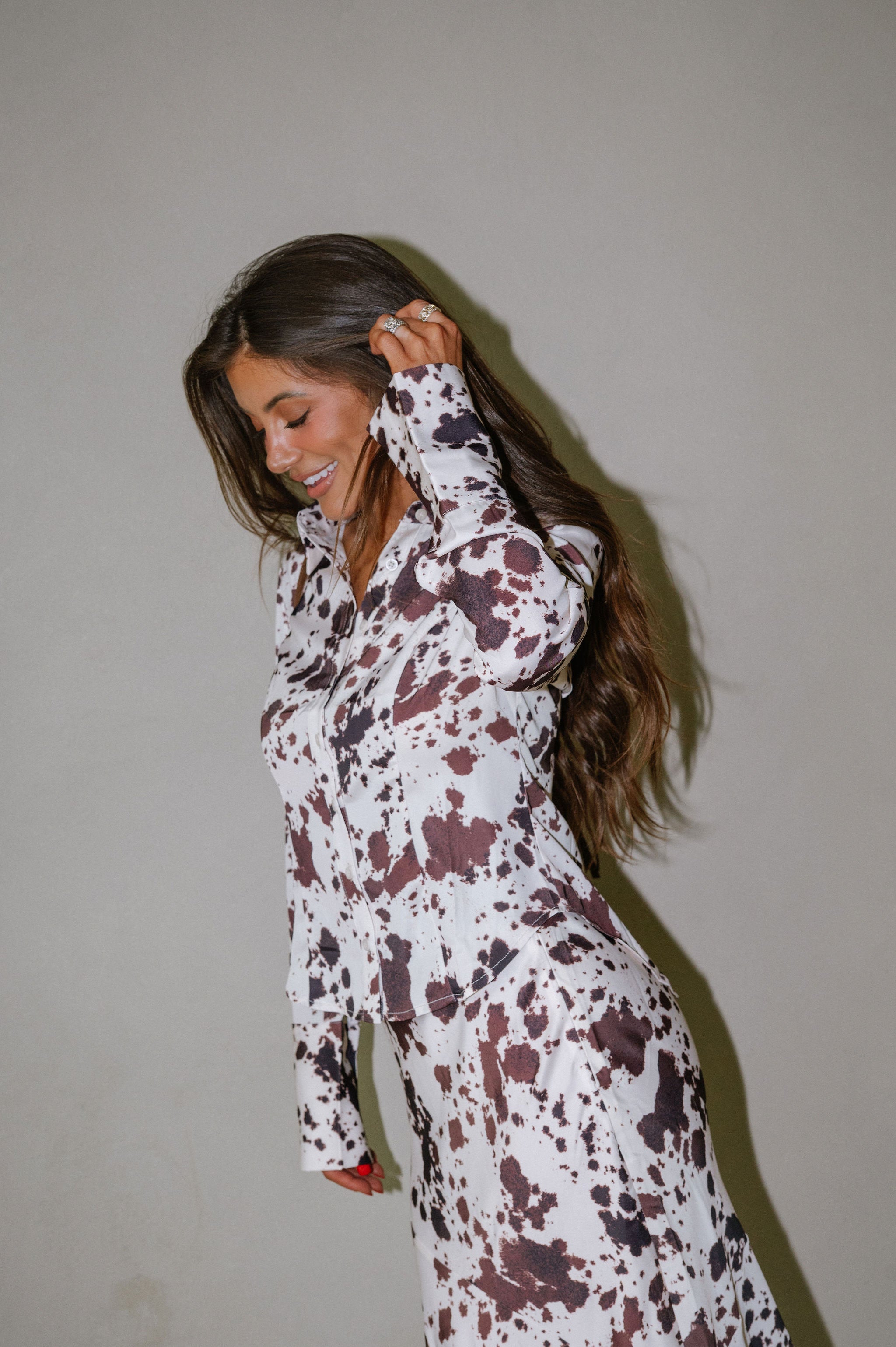 Steph Satin Shirt-Cow Print