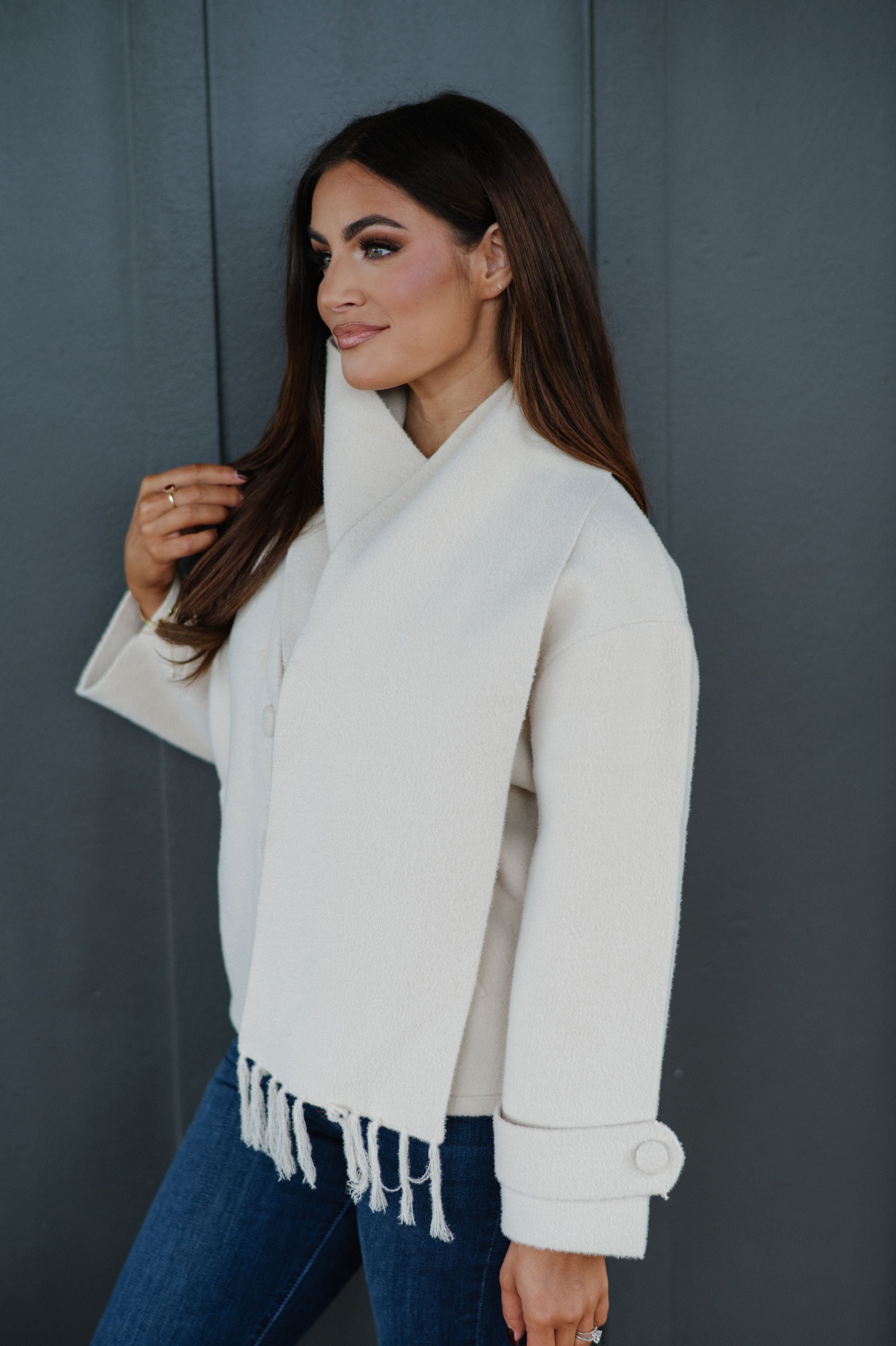 Scarf V-Neck Double Sided Jacket-Beige