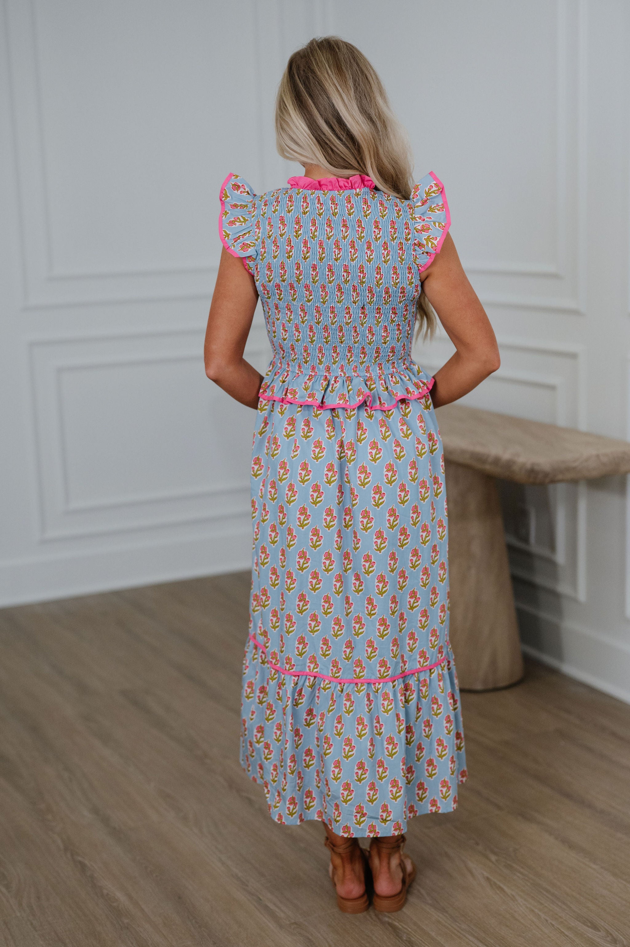Floral Smocked Peplum Tiered Midi Dress-Blue