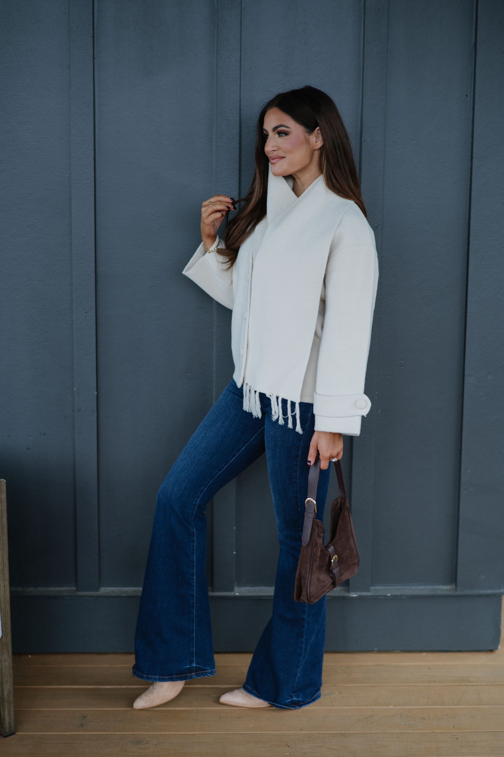 Scarf V-Neck Double Sided Jacket-Beige