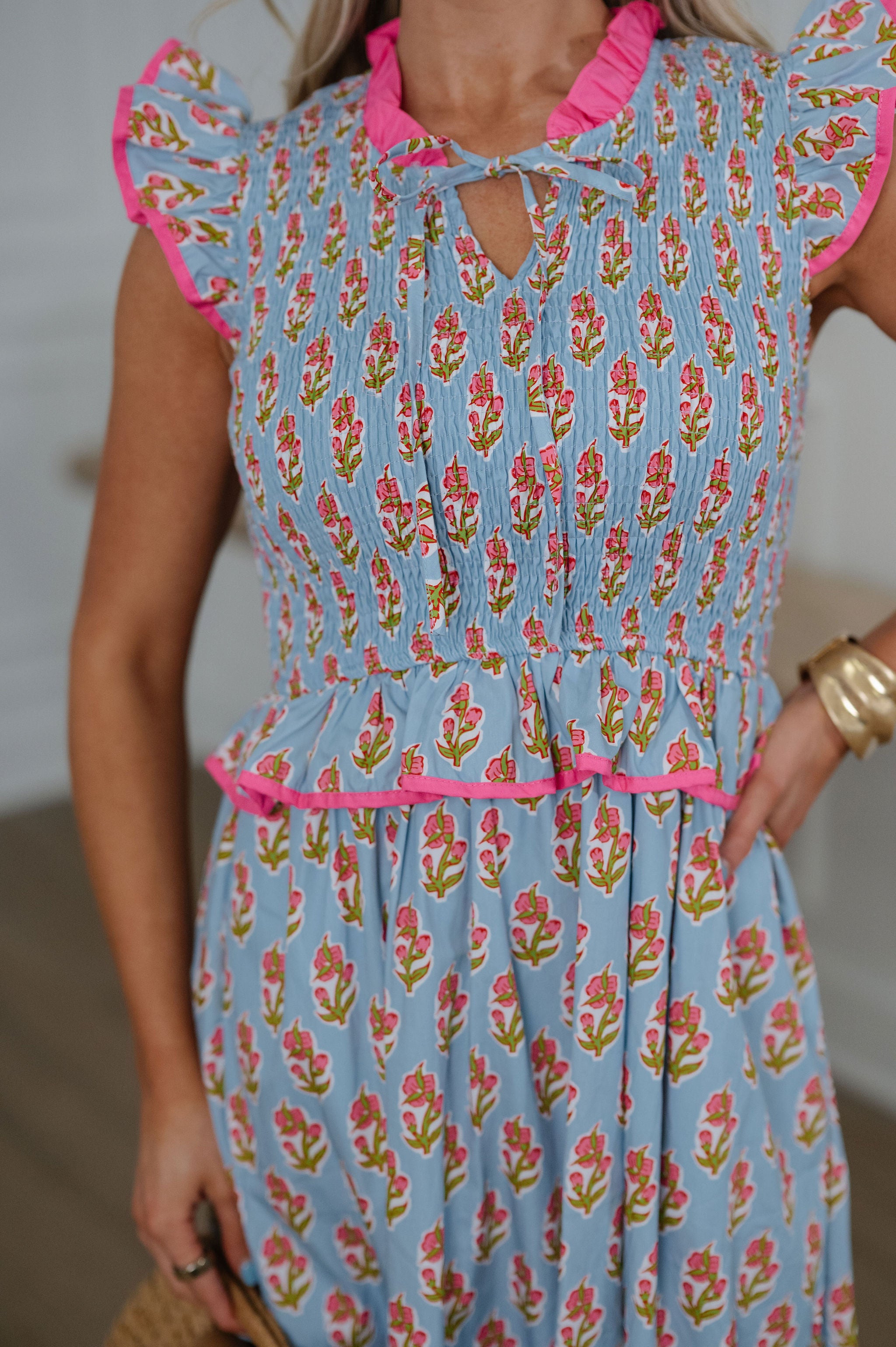 Floral Smocked Peplum Tiered Midi Dress-Blue