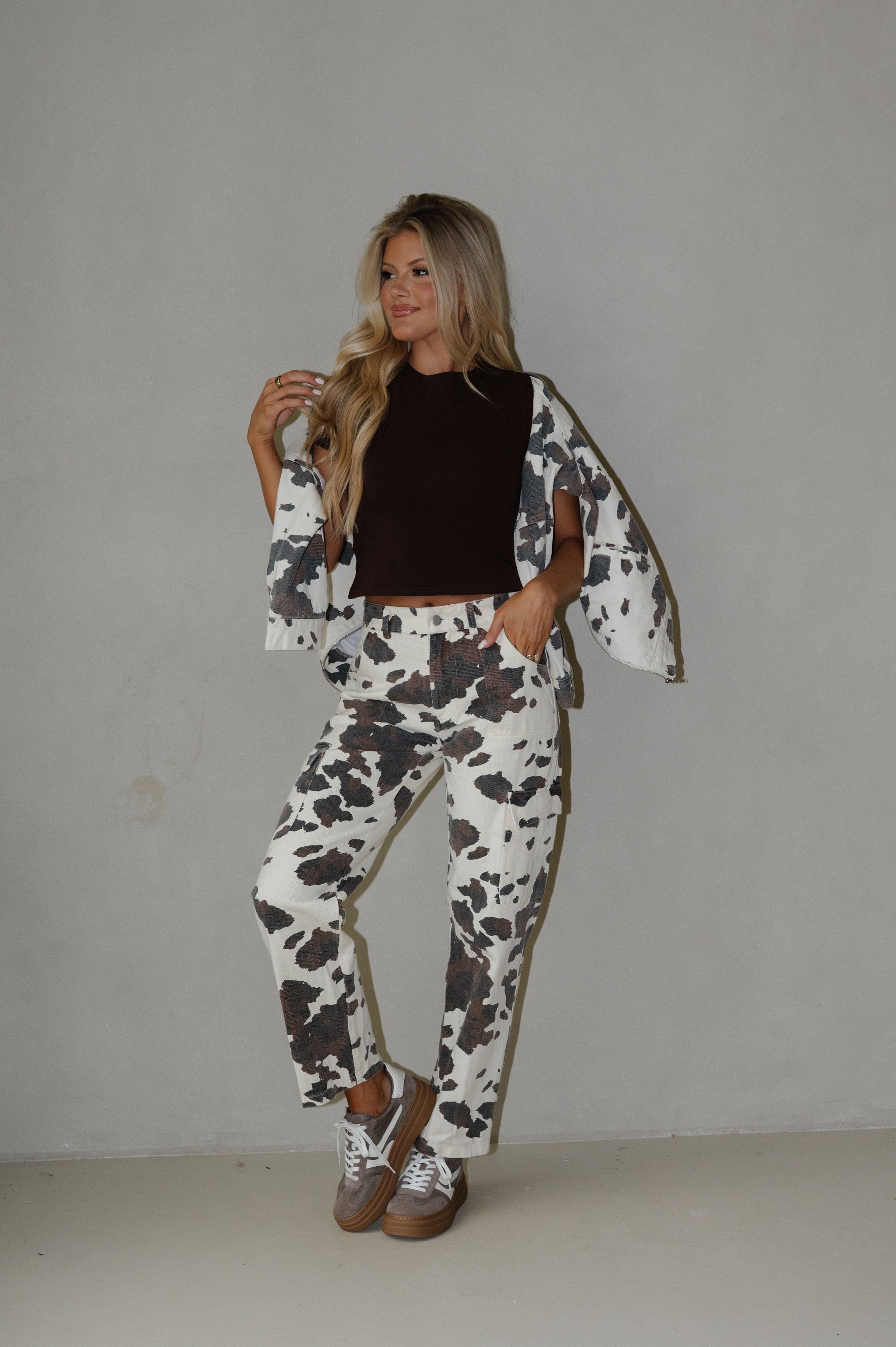 Cow Print Front Zip Up Cropped Jacket