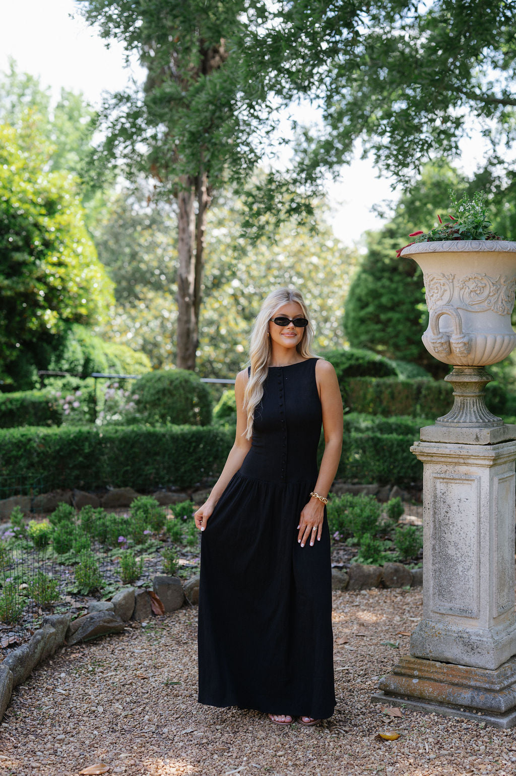 Drop Waist Linen Maxi Dress-Black