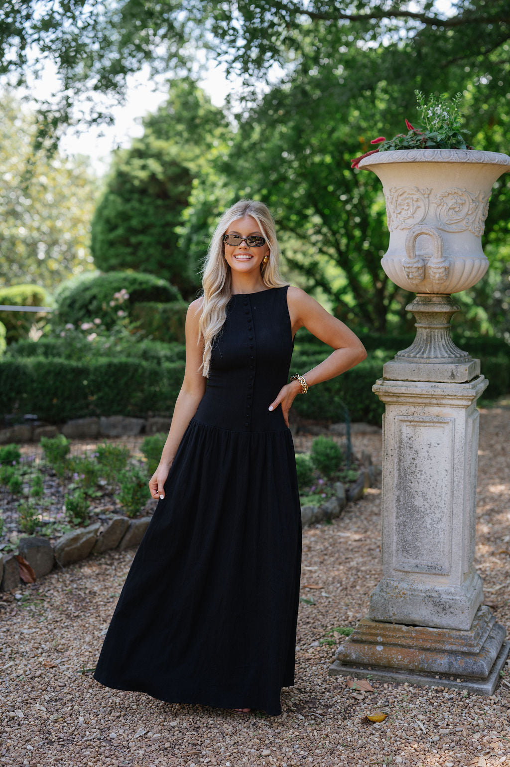 Drop Waist Linen Maxi Dress-Black