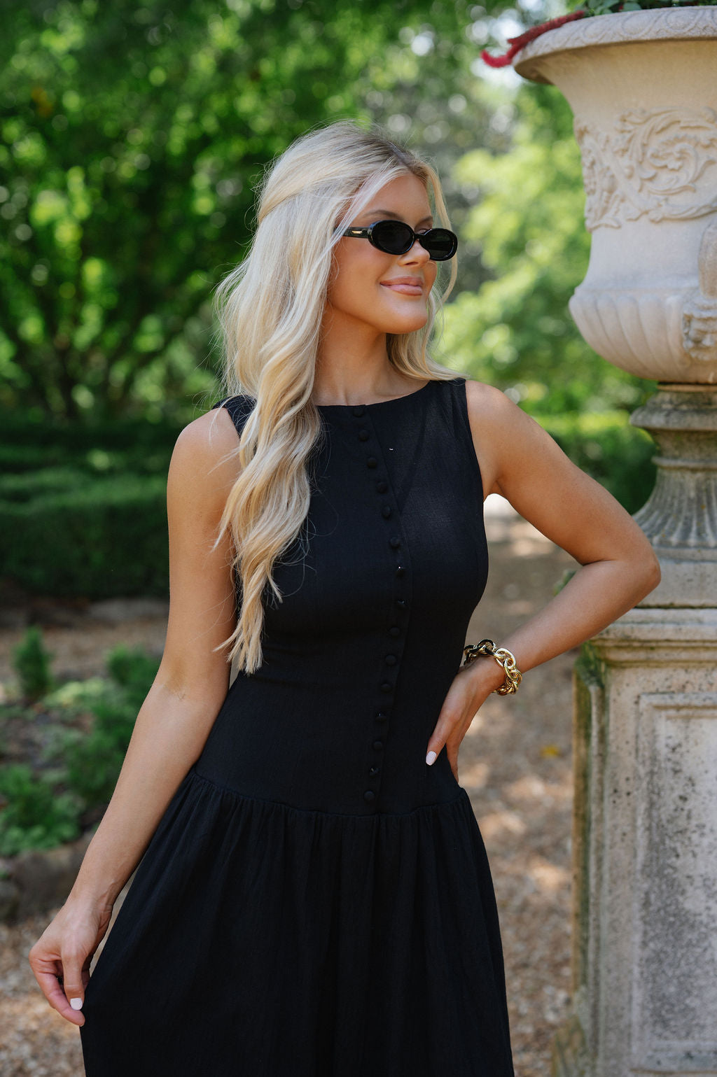 Drop Waist Linen Maxi Dress-Black