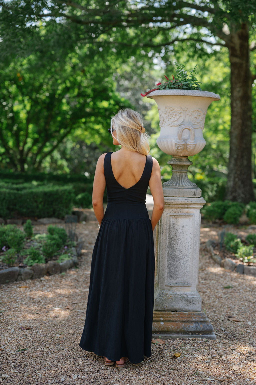 Drop Waist Linen Maxi Dress-Black