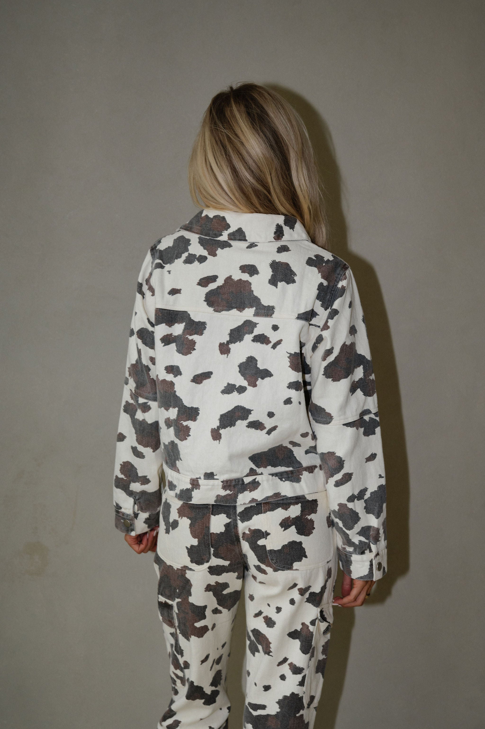 Cow Print Front Zip Up Cropped Jacket