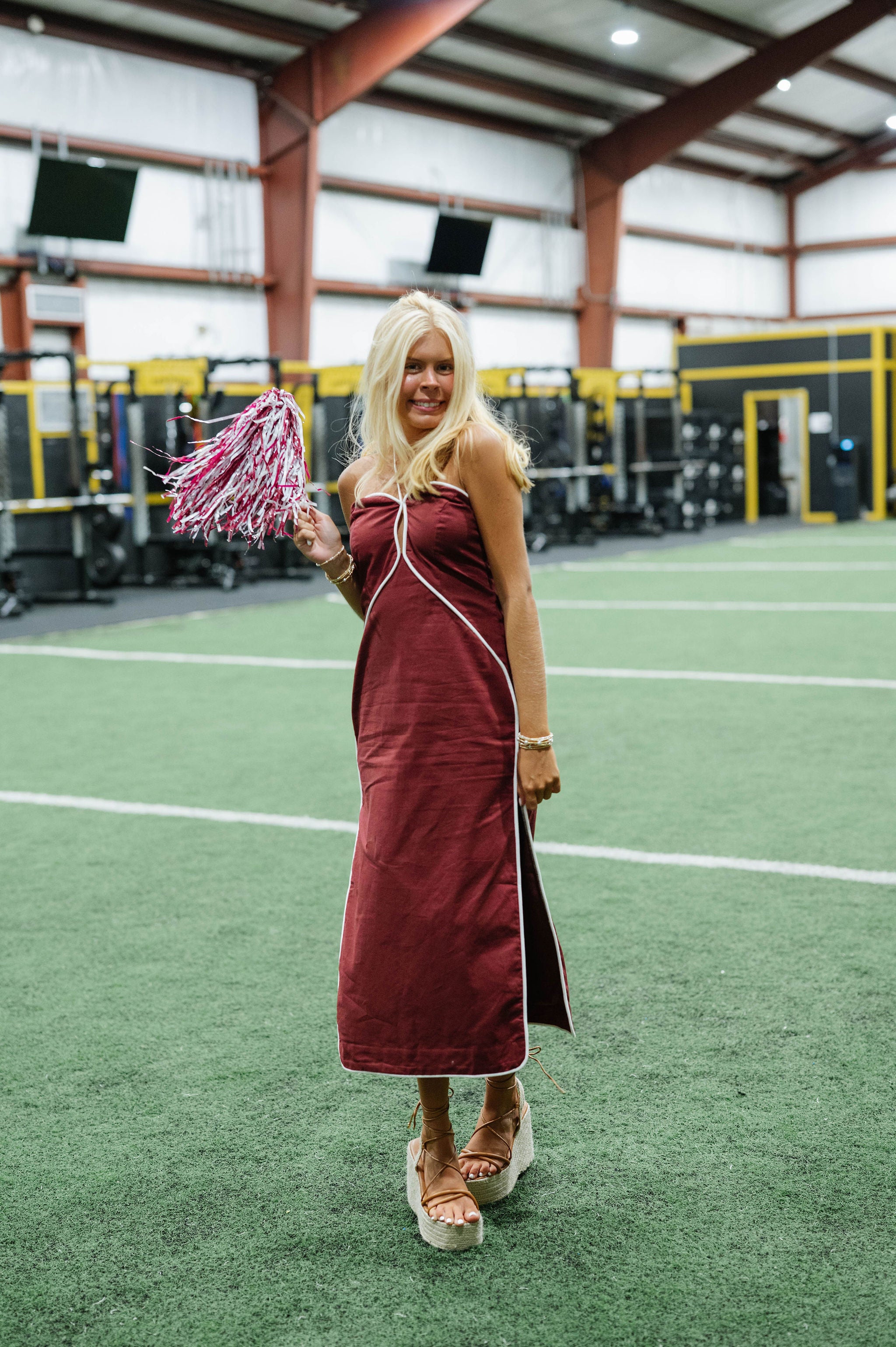 Leon Halter Midi Dress-Maroon/White