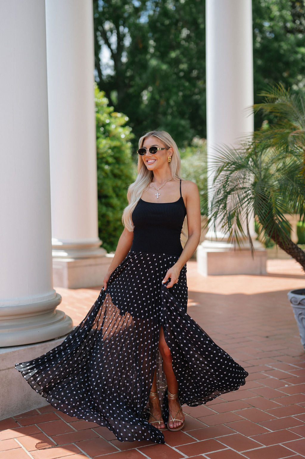 Open Back Polka Dot Maxi Dress-Black