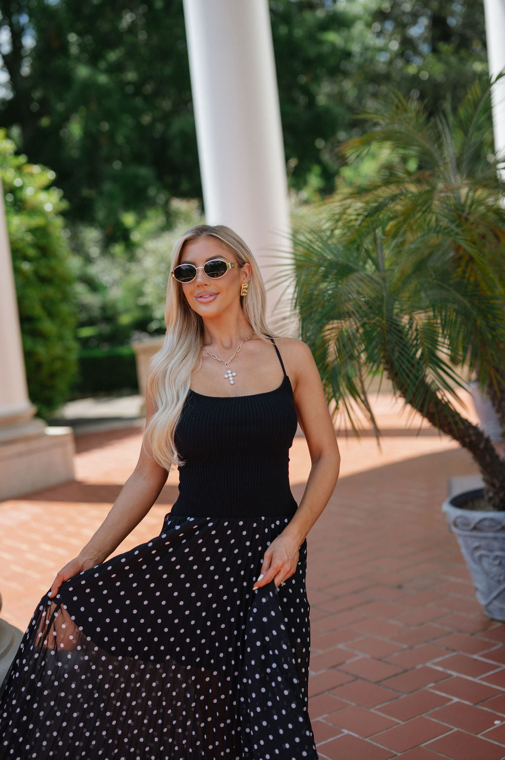 Open Back Polka Dot Maxi Dress-Black