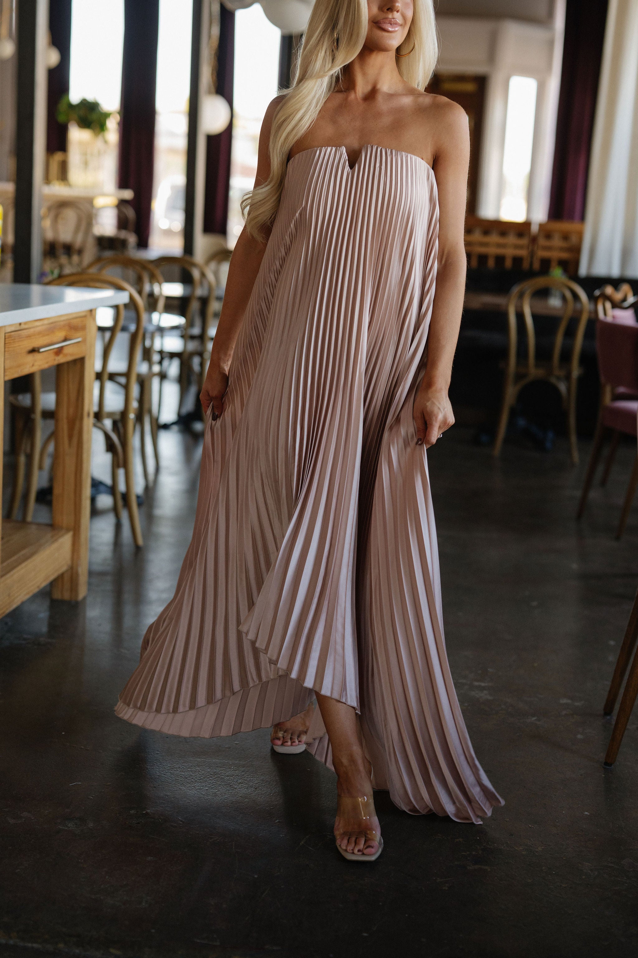 Madeline Pleated Dress-Oyster